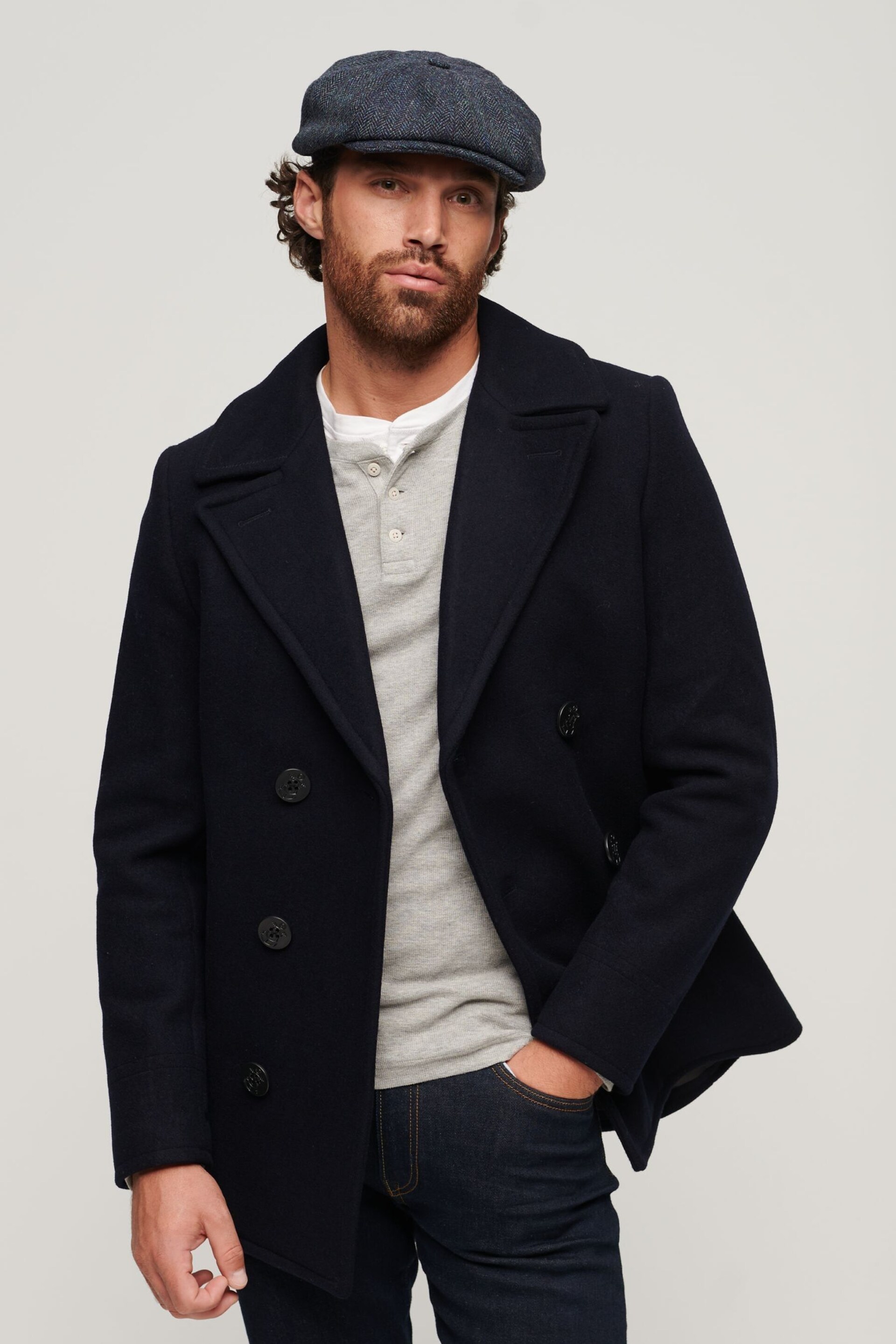 Superdry Blue Merchant Wool Pea Coat - Image 1 of 7