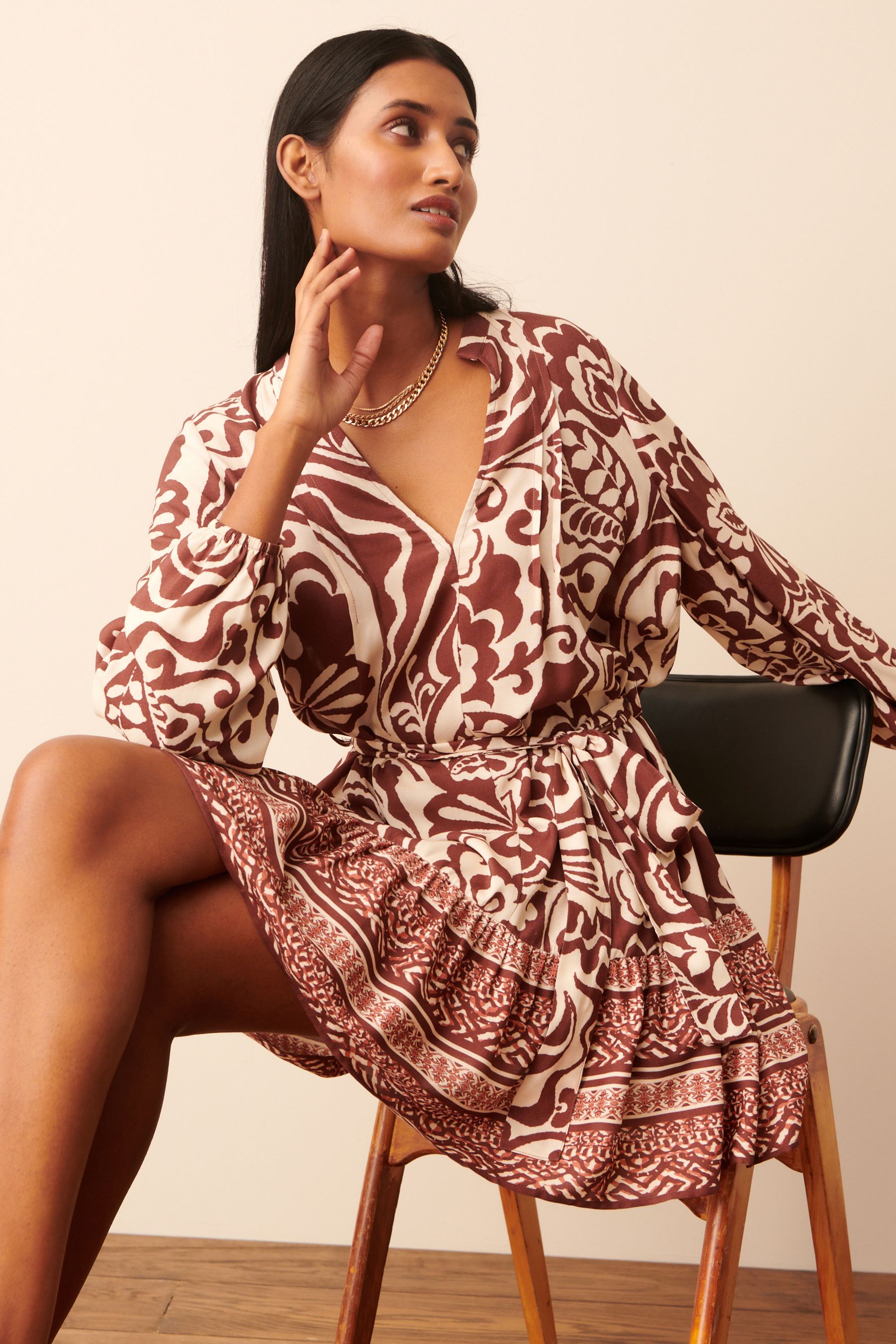Buy Brown Floral Tie Waist Long Sleeve Mini Dress from Next Luxembourg