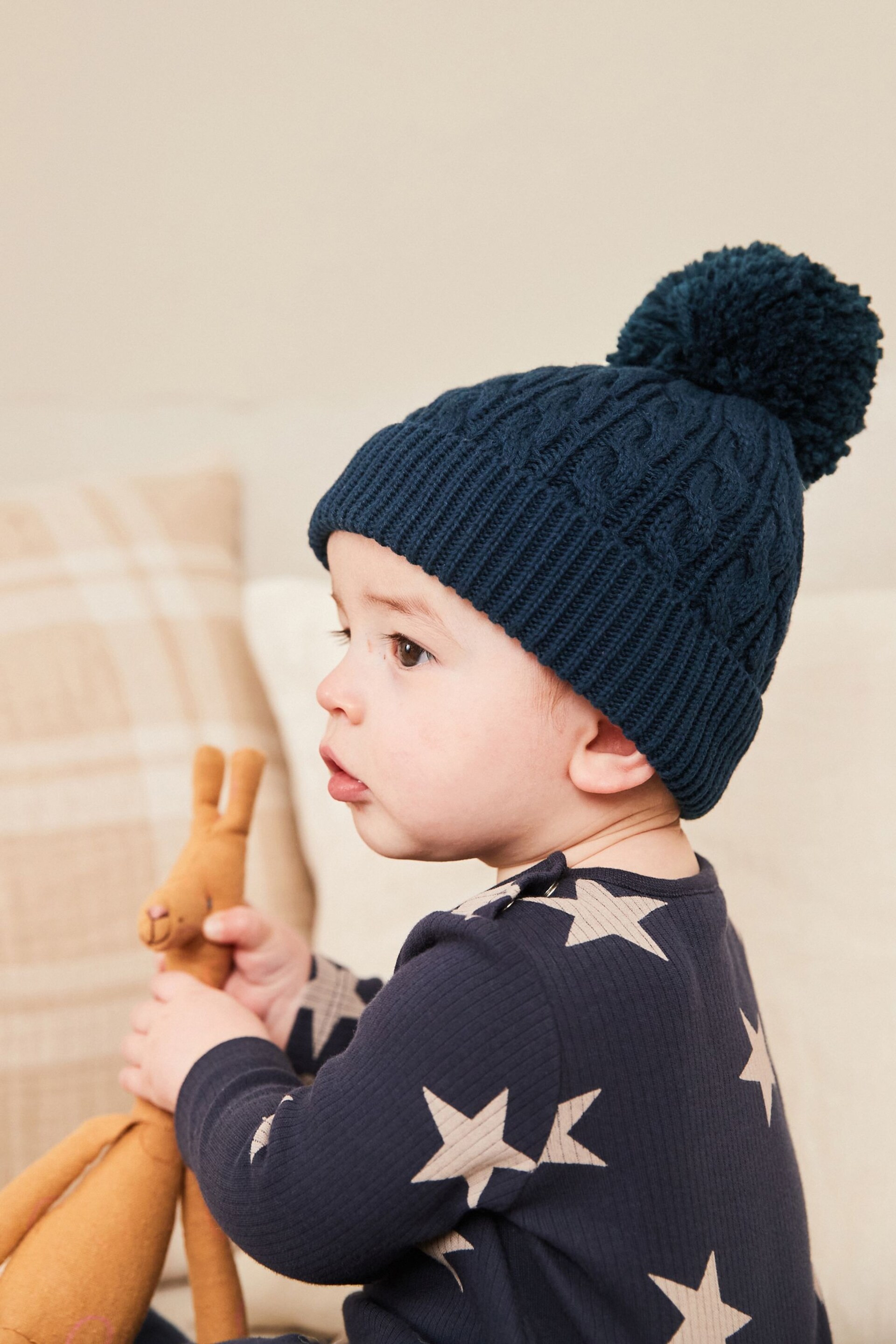 Navy Blue Cable Baby Knitted Pom Hat (0mths-2yrs) - Image 1 of 3