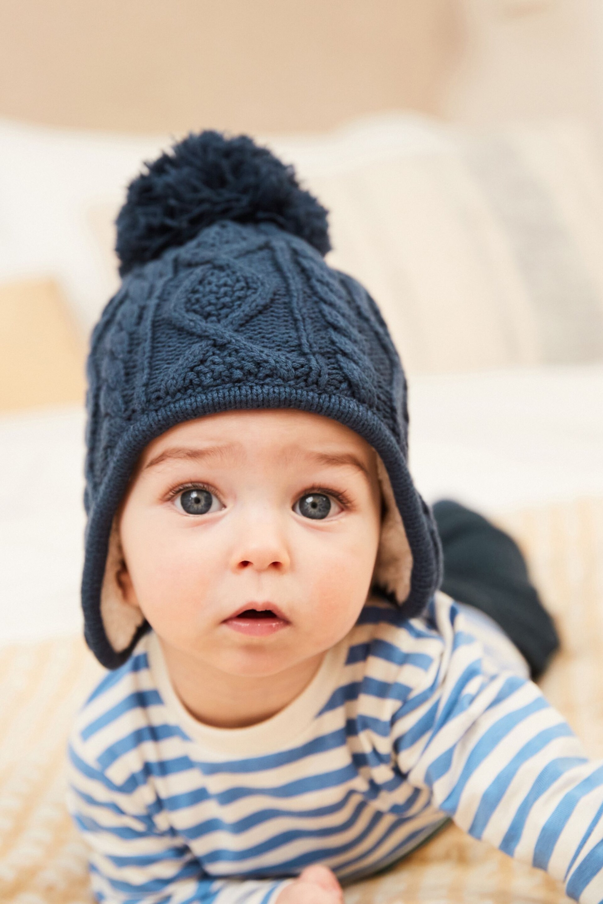 Navy Blue Knitted Baby Trapper Pom Hat (0mths-2yrs) - Image 1 of 3