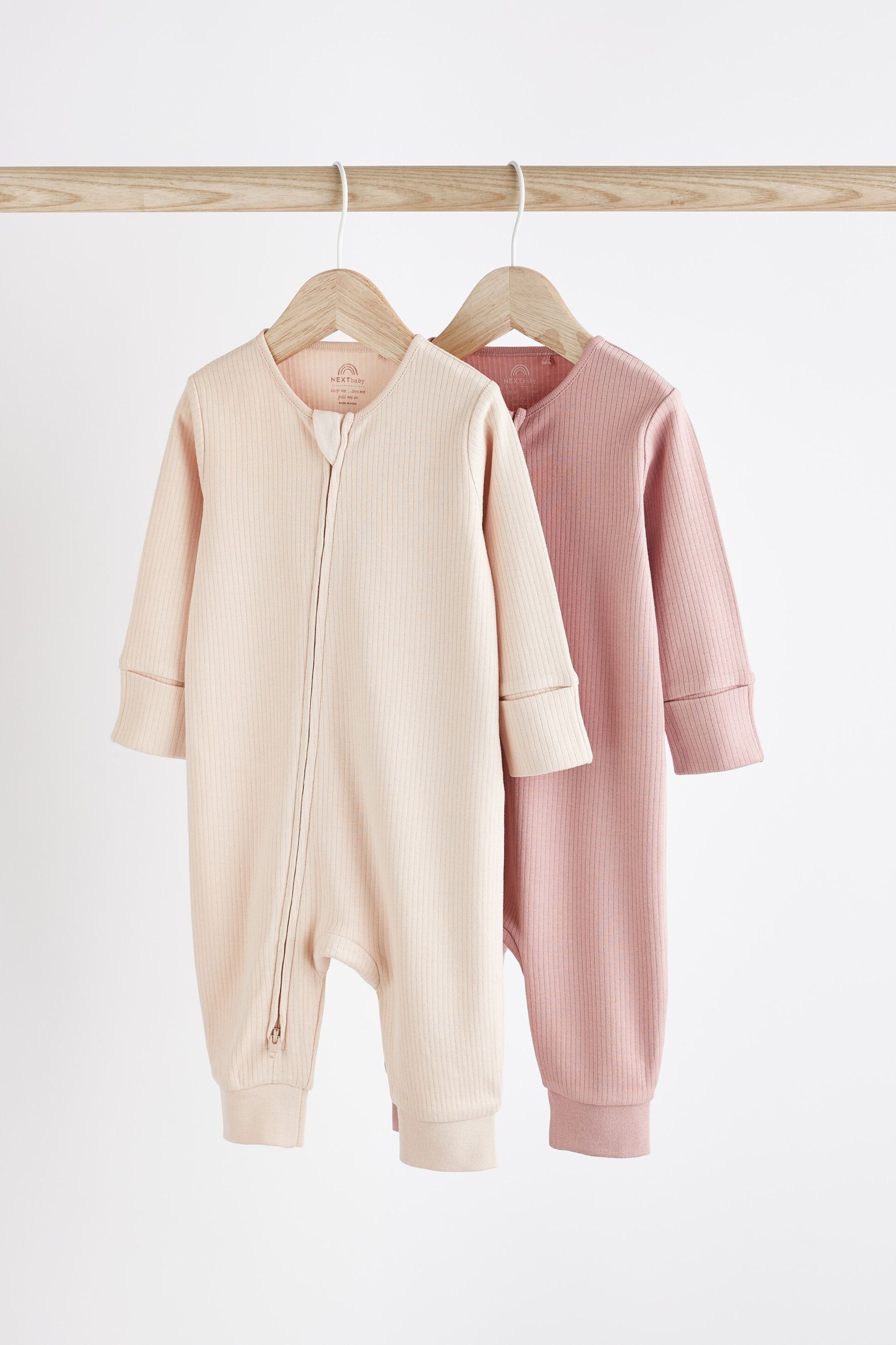 Pink Footless Rib Zip Sleepsuits 2 Pack (0mths-3yrs) - Image 1 of 7