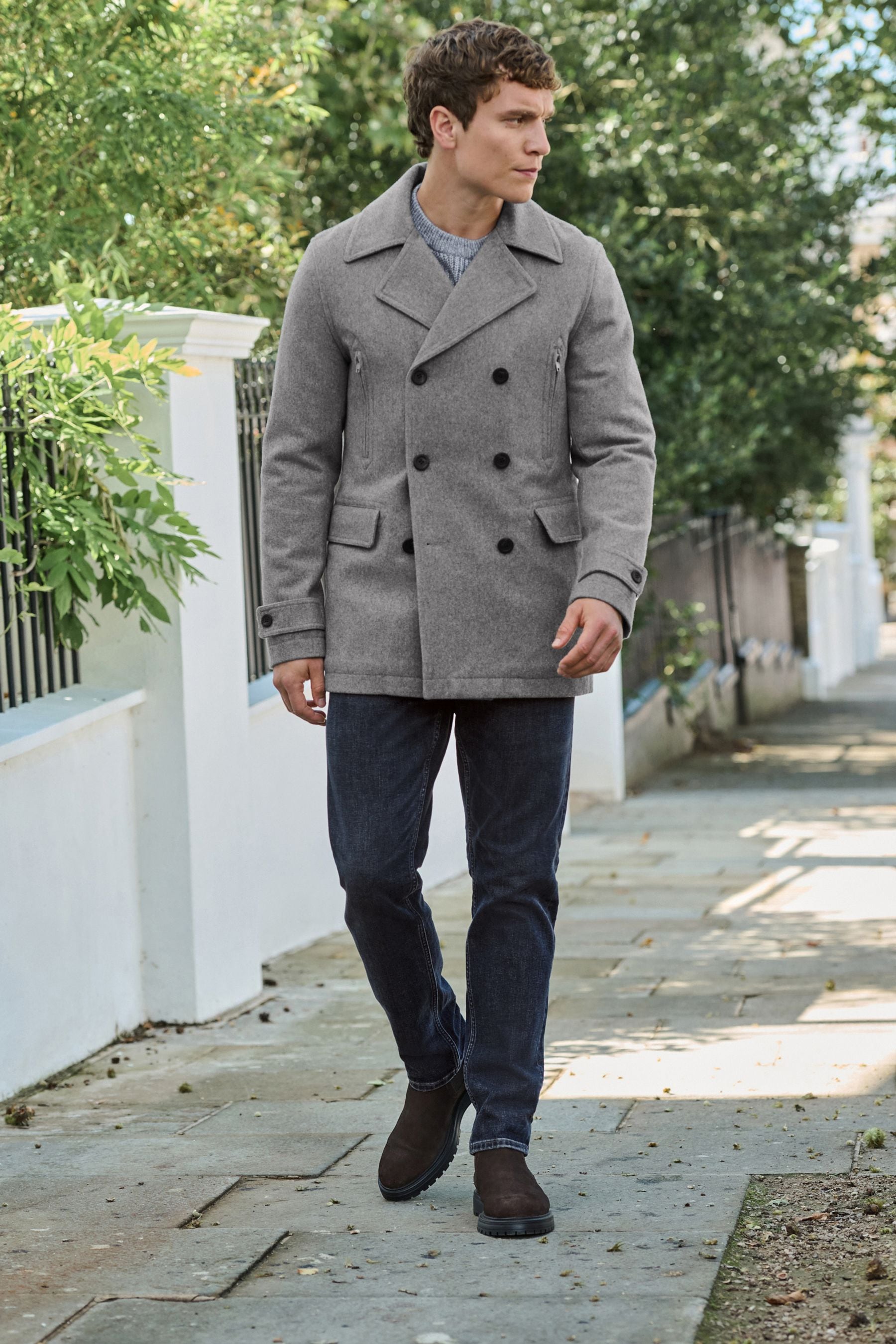 Buy Light Grey Wool Rich Double Breasted Peacoat from Next Germany