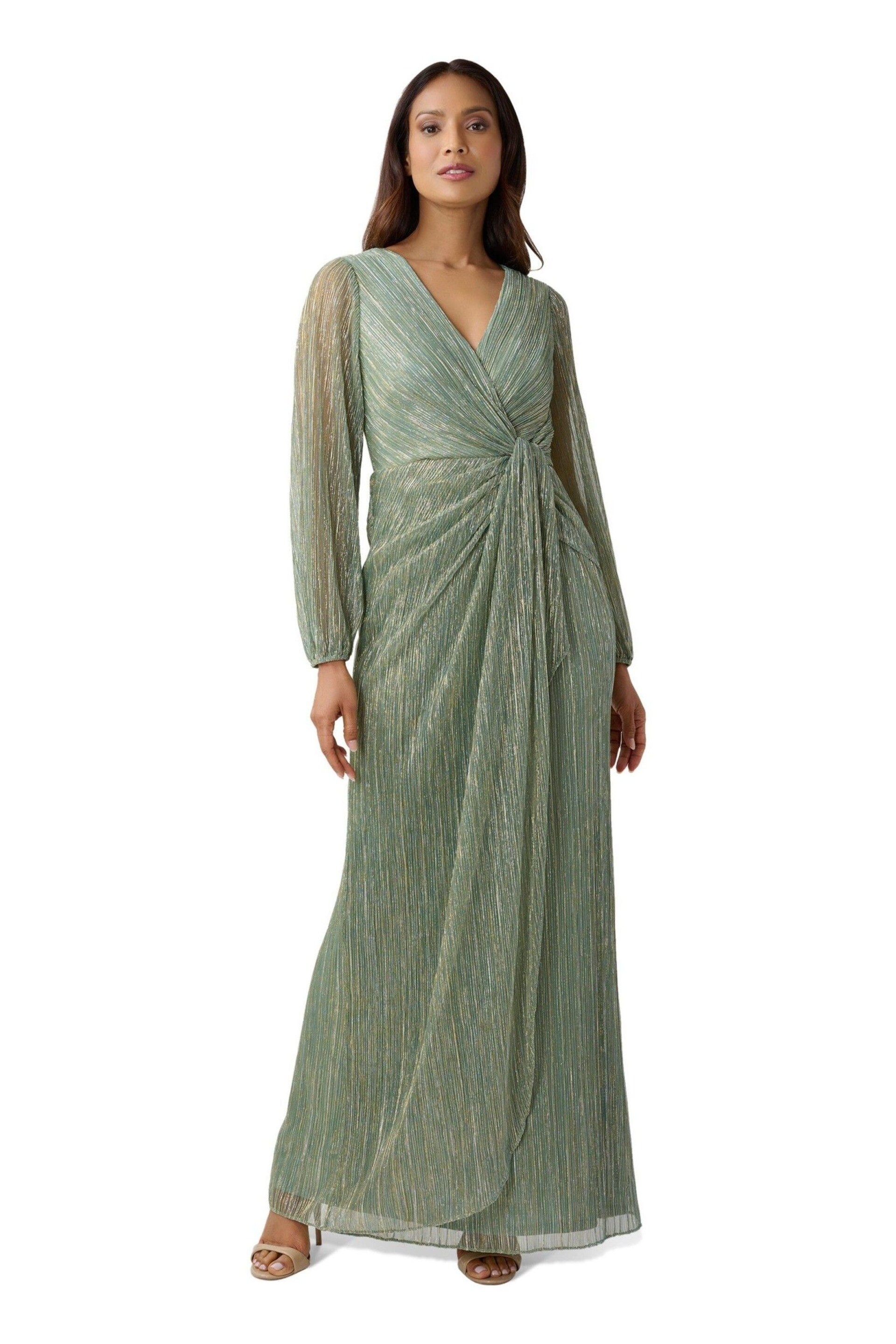 Adrianna Papell Green Metallic Mesh Draped Gown - Image 1 of 5