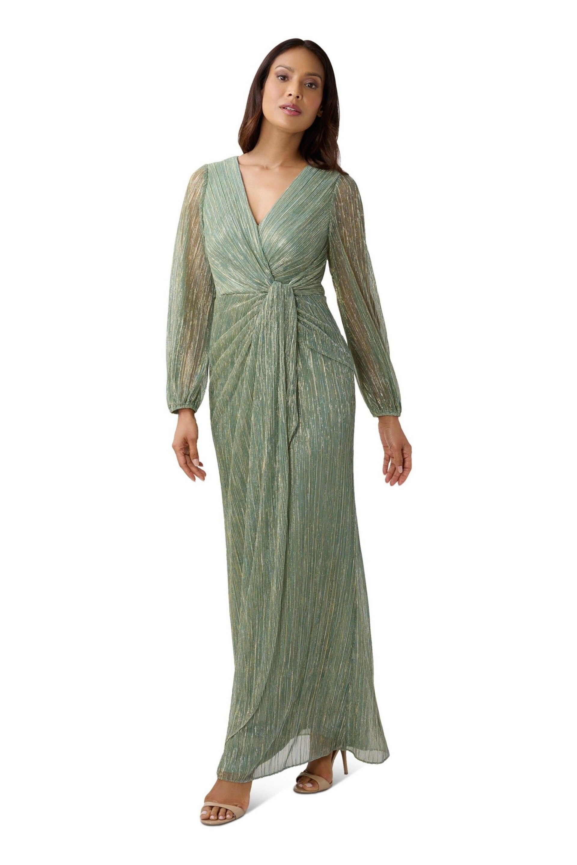 Adrianna Papell Green Metallic Mesh Draped Gown - Image 3 of 5