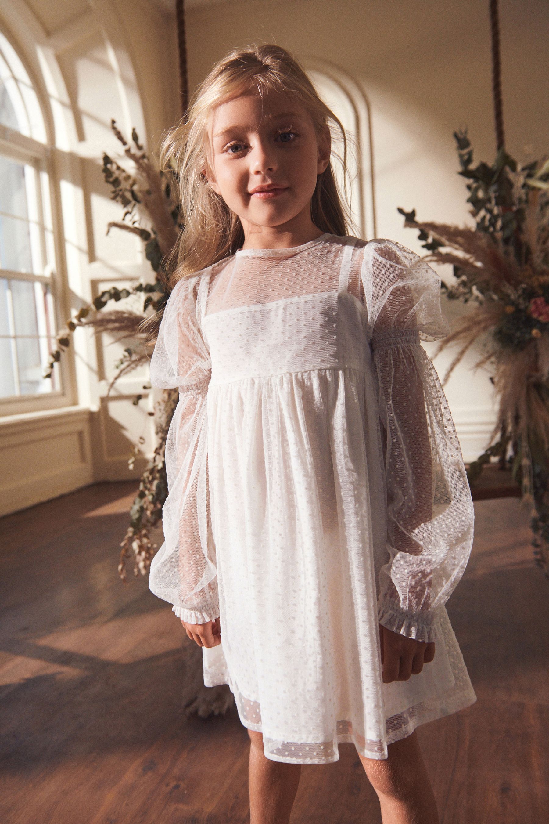 Buy Ivory Cream Shirred Mesh Dress 3 16yrs from Next Luxembourg