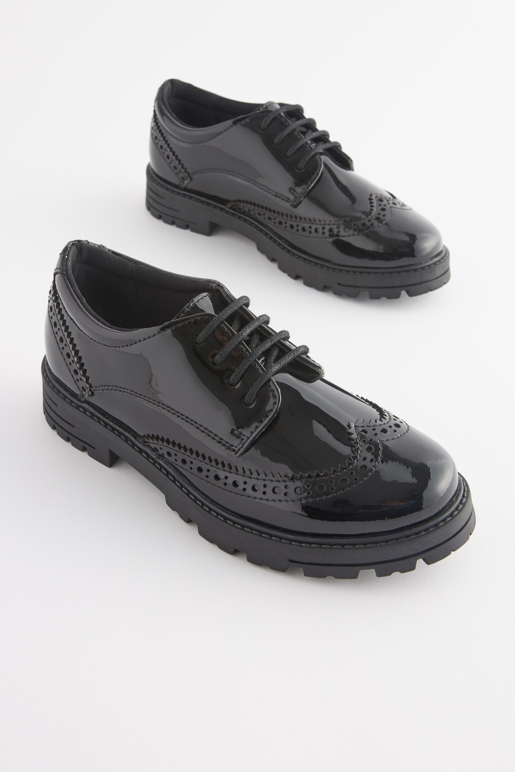 NEXT Black Patent Standard Fit F School Leather Chunky Lace Up Brogues us5 Girls