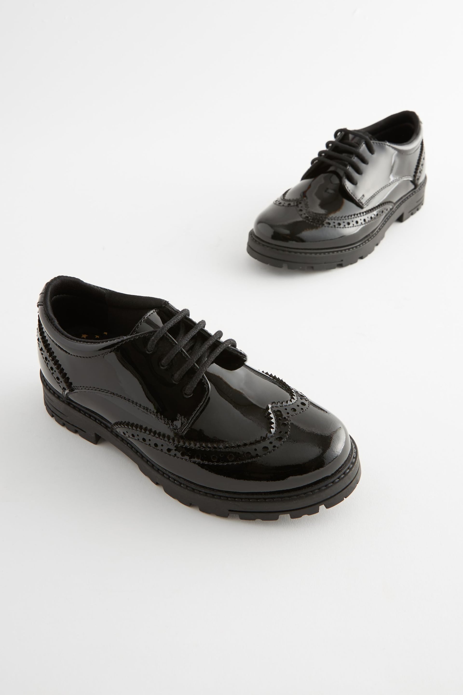 Black Patent Wide Fit (G) School Leather Chunky Lace-Up Brogues - Image 1 of 11