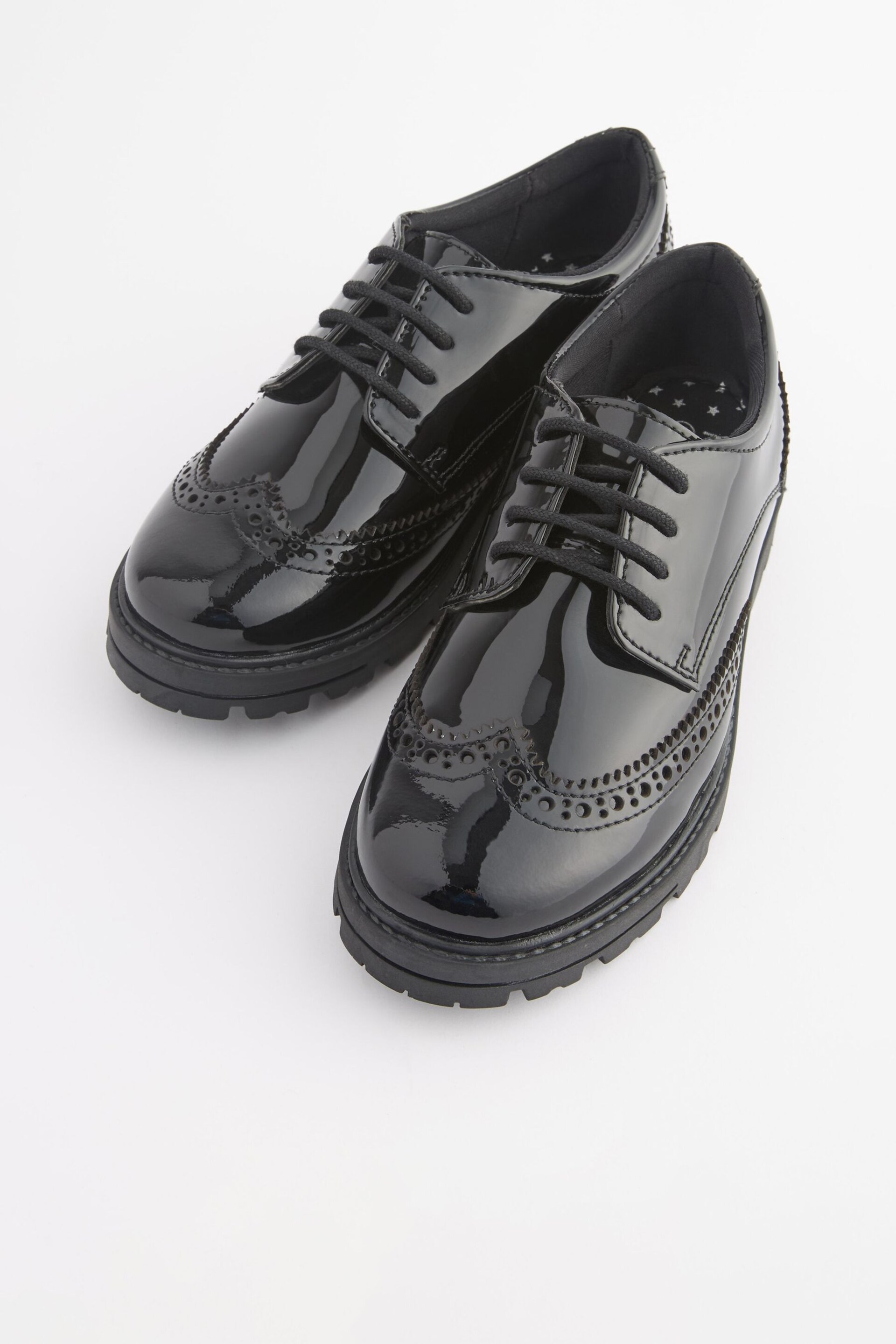 Black Patent Wide Fit (G) School Leather Chunky Lace-Up Brogues - Image 5 of 11