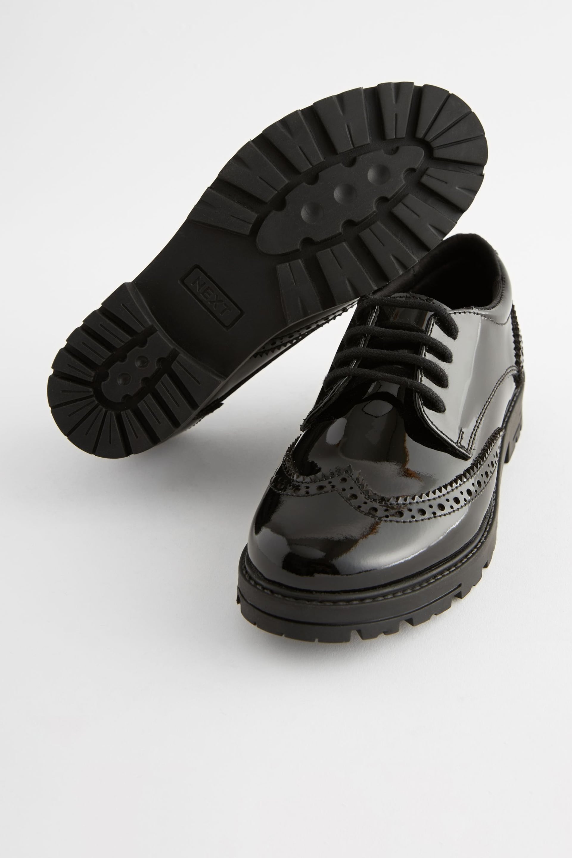 Black Patent Wide Fit (G) School Leather Chunky Lace-Up Brogues - Image 8 of 11