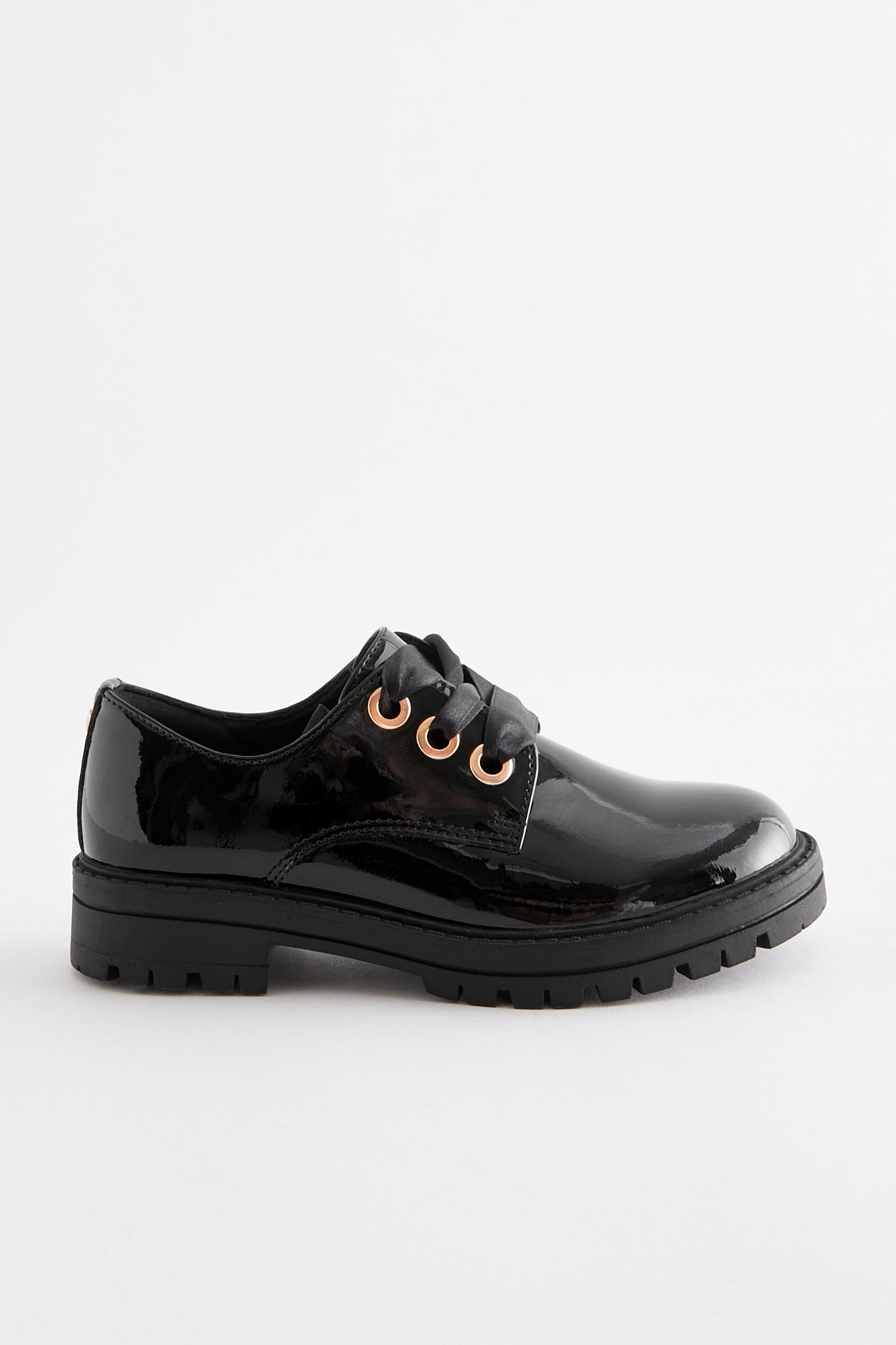 Buy Black Patent Standard Fit F School Rose Gold Eyelet Lace Up Shoes from Next Luxembourg