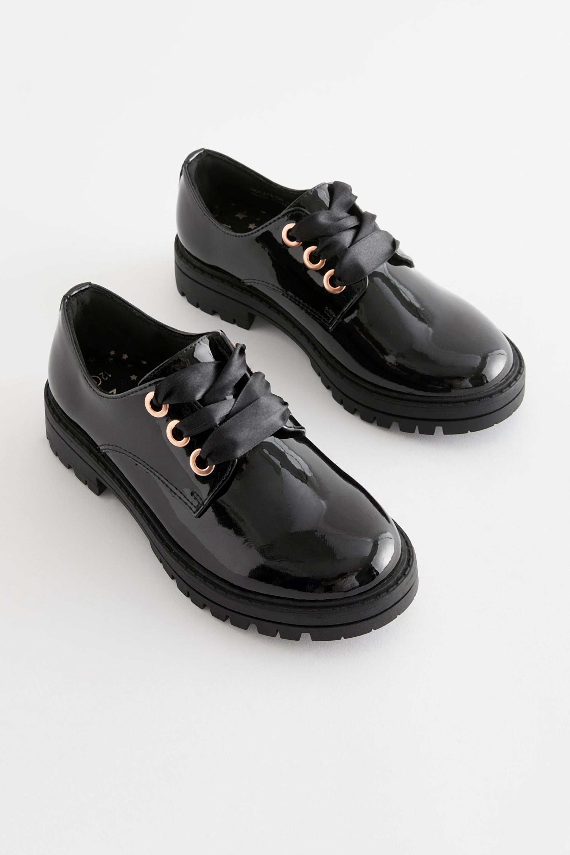 Black Patent Wide Fit (G) School Rose Gold Eyelet Lace Up Shoes - Image 1 of 6