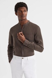 Reiss Chocolate Ocean Linen Grandad Collar Shirt - Image 1 of 6
