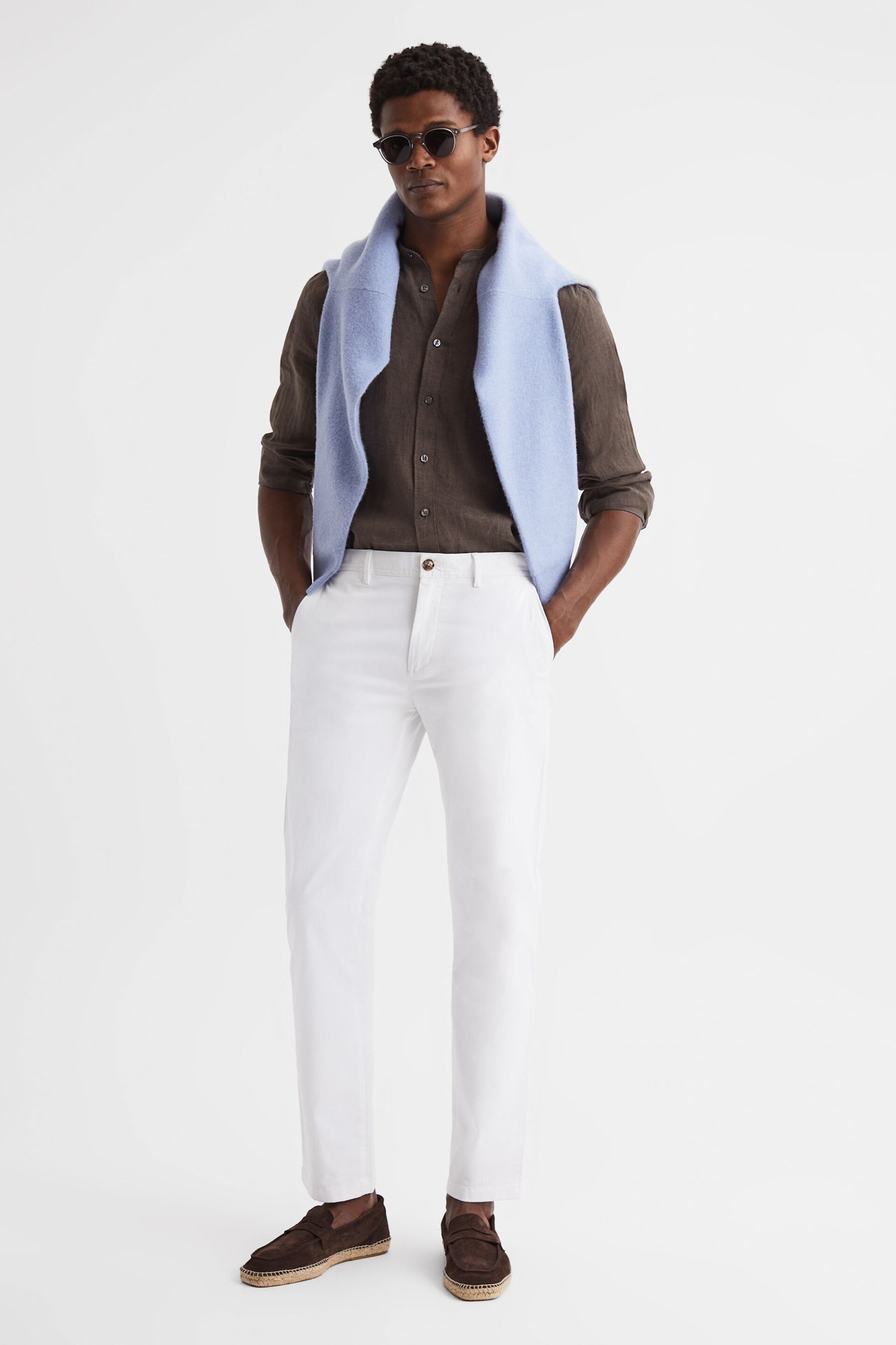 Reiss Chocolate Ocean Linen Grandad Collar Shirt - Image 6 of 6