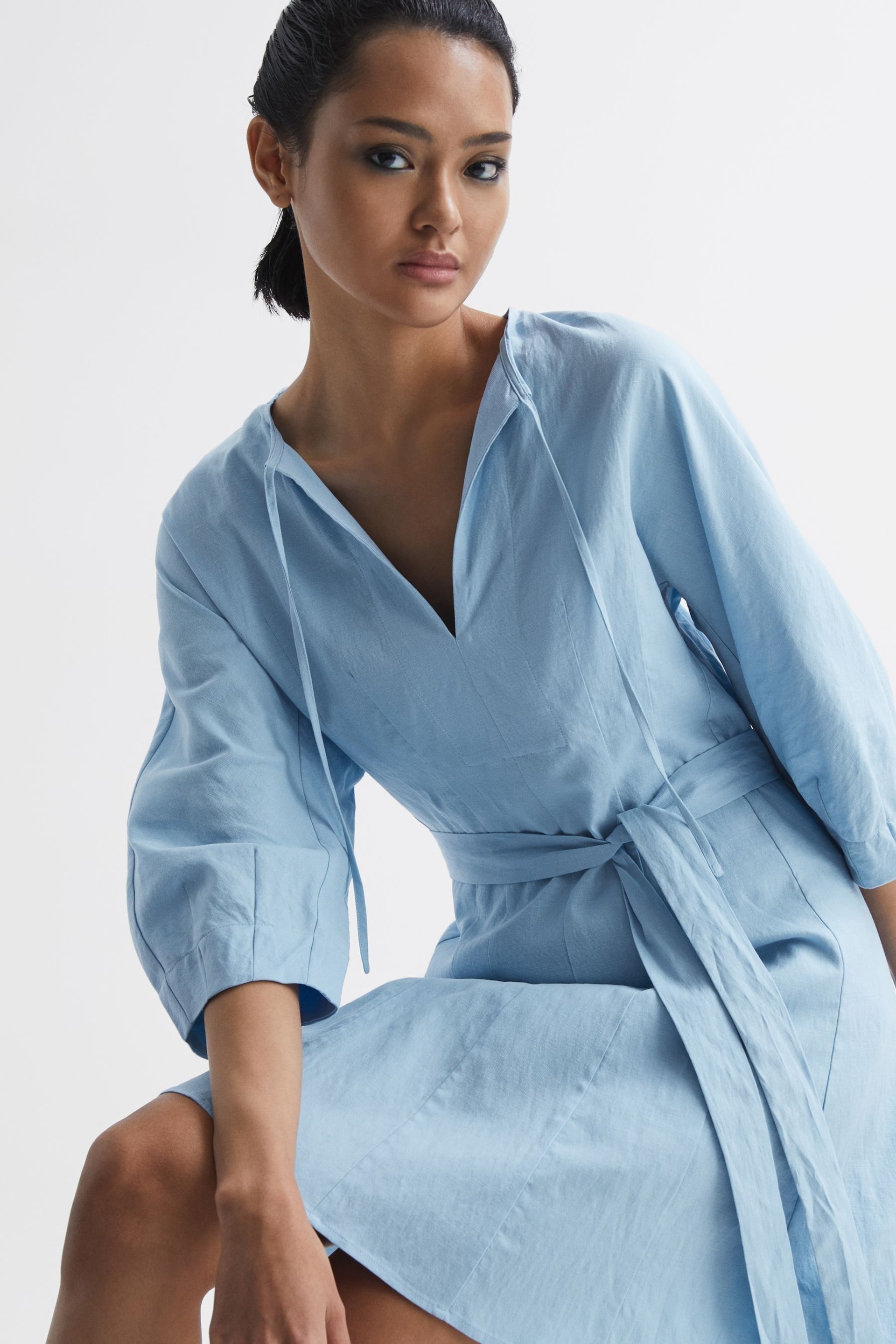 Reiss Blue Freida Relaxed Fit Self-Tie Mini Dress - Image 1 of 6