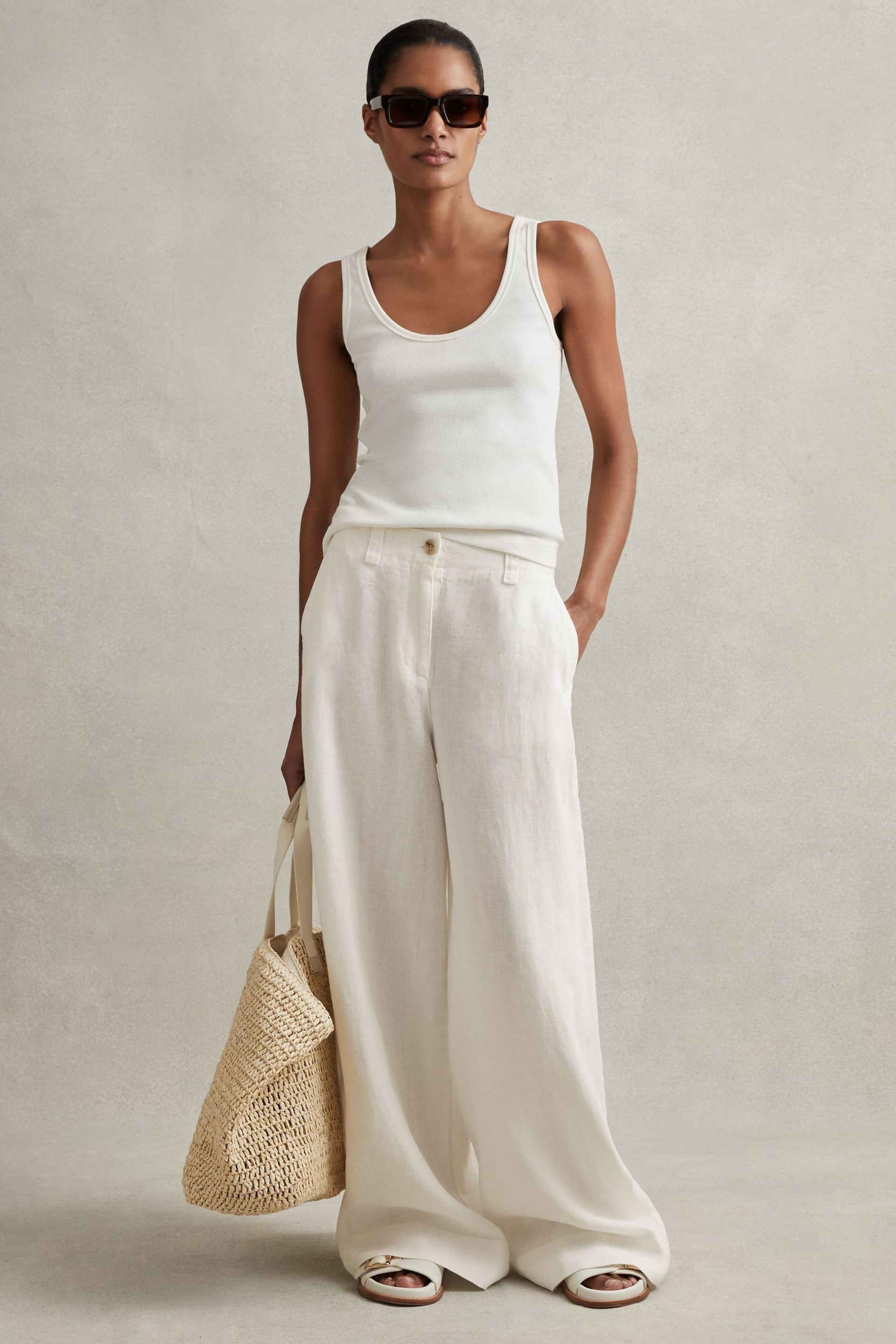 Reiss White Demi Petite Linen Wide Leg Garment Dyed Trousers - Image 3 of 6