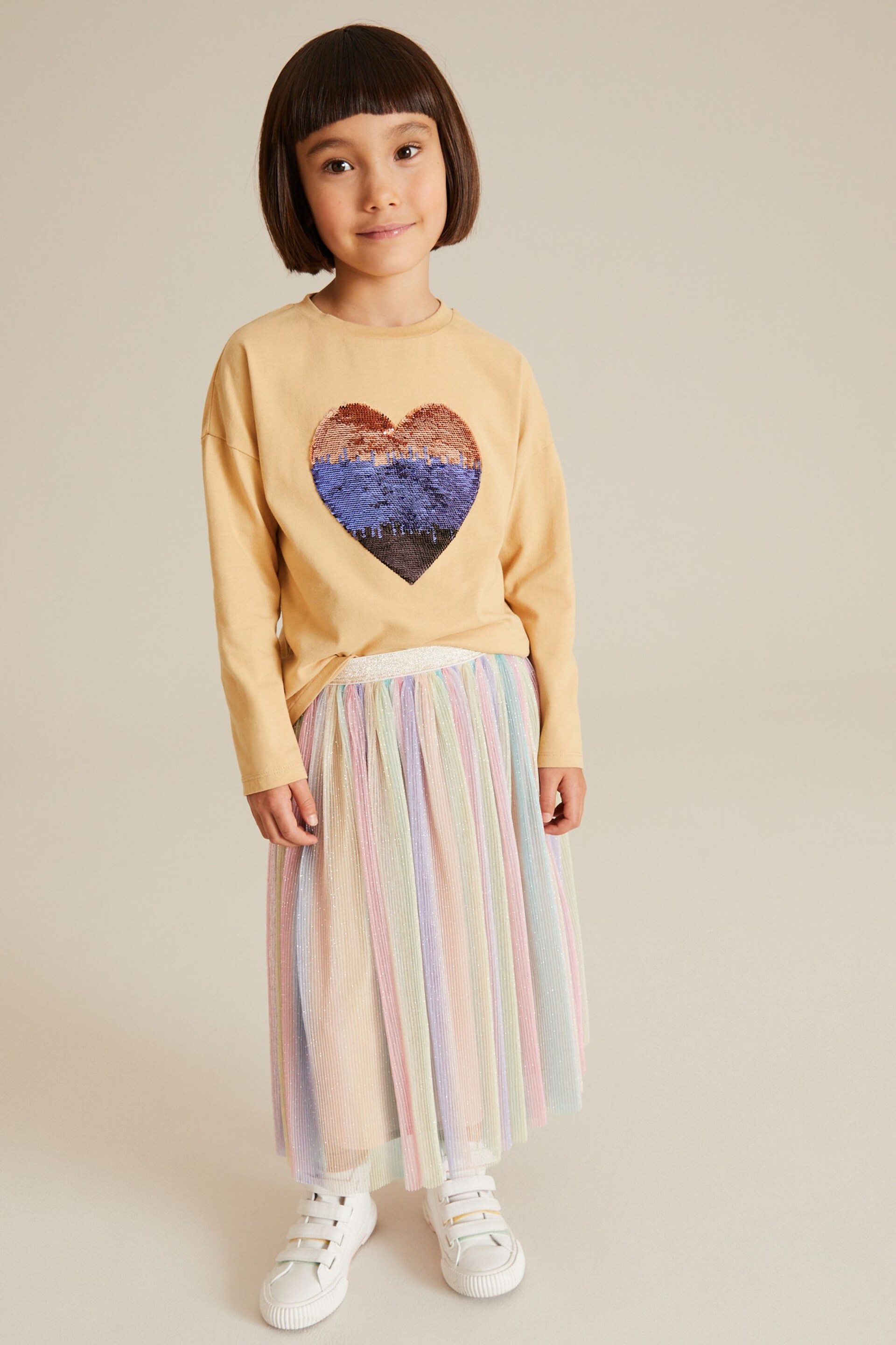 Neutral Long Sleeve Sequin Heart T-Shirt (3-16yrs) - Image 2 of 4