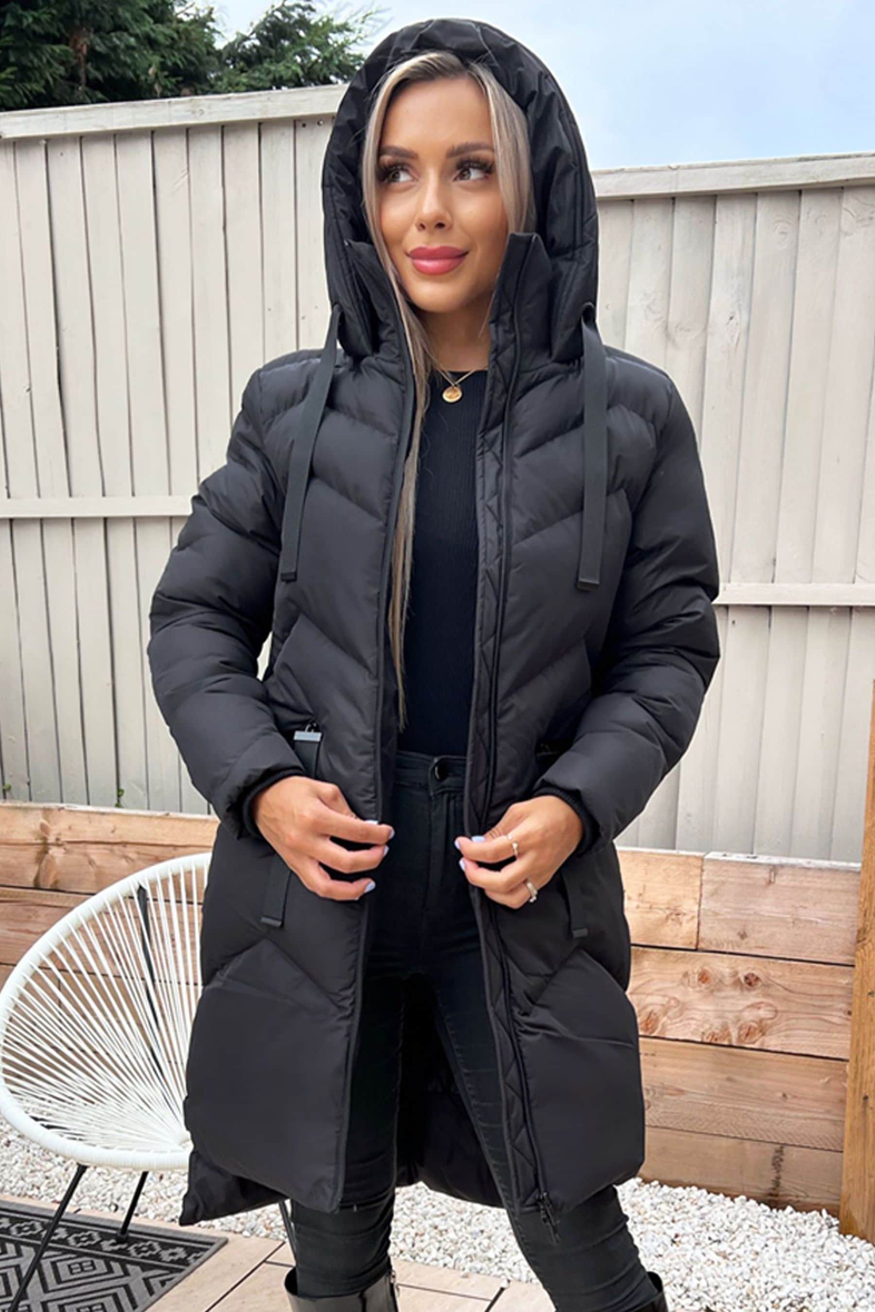 Buy AX Paris Black Hooded Long Line Puffer Coat from Next Luxembourg