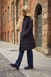 Another Sunday Diamond Quilted Padded Lightweight Midi Coat with Collar In Black - Image 2 of 5