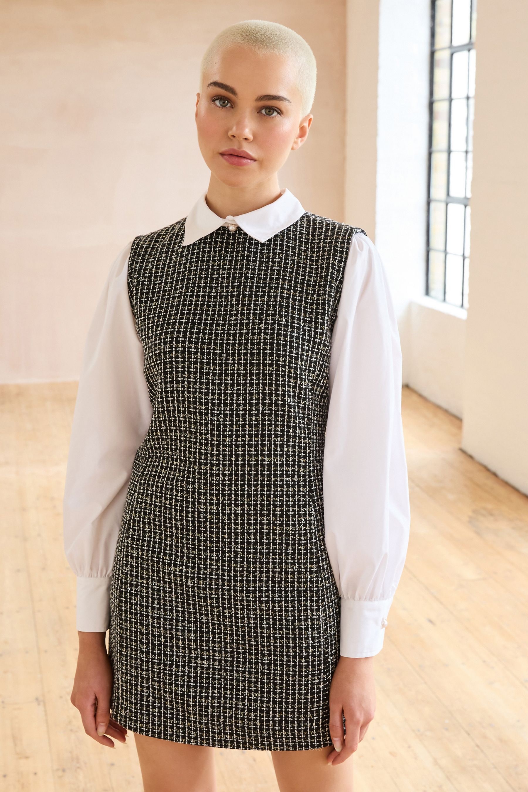 Buy Black White Tweed 2 In 1 Long Sleeve Mini Dress from Next Luxembourg
