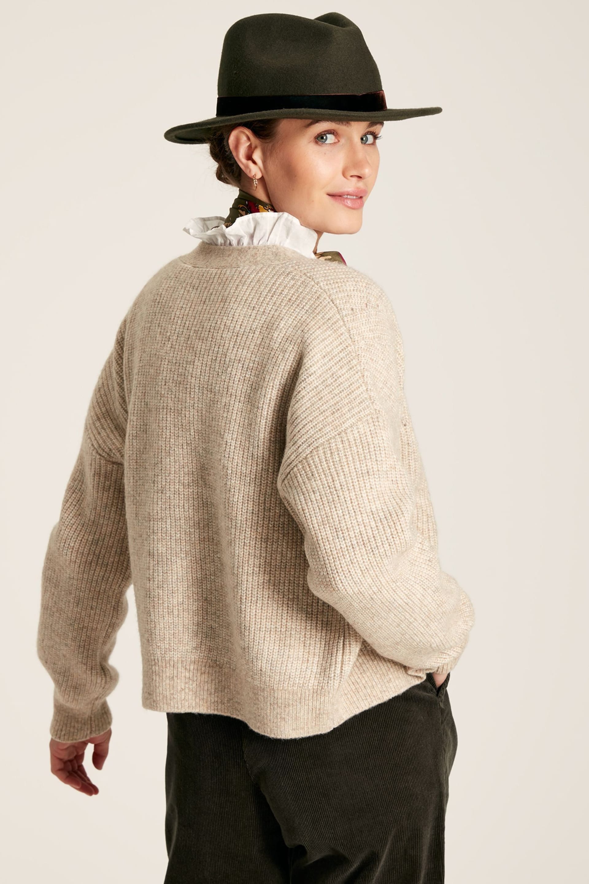 Joules Samantha Brown V Neck Ribbed Knit Buttoned Cardigan - Image 2 of 6