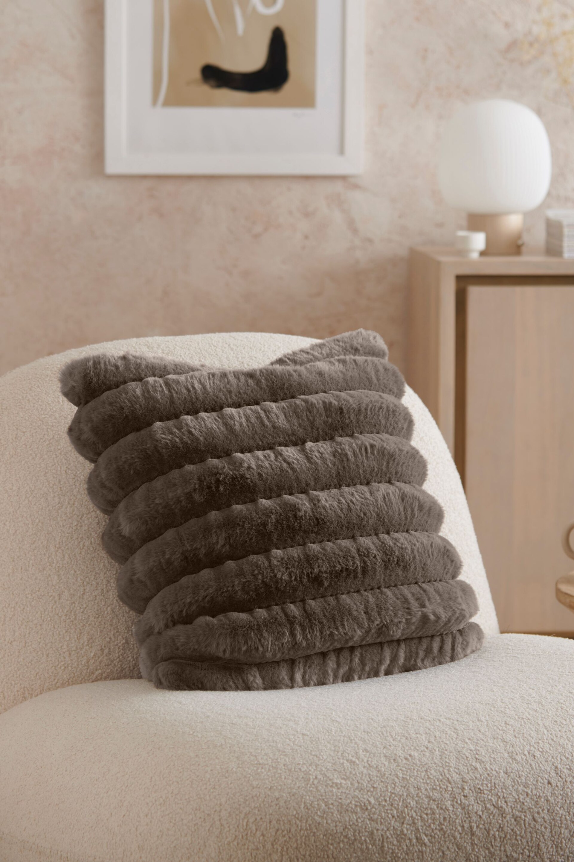 Charcoal Grey Coco Ruched Faux Fur 43 x 43cm Cushion - Image 2 of 6