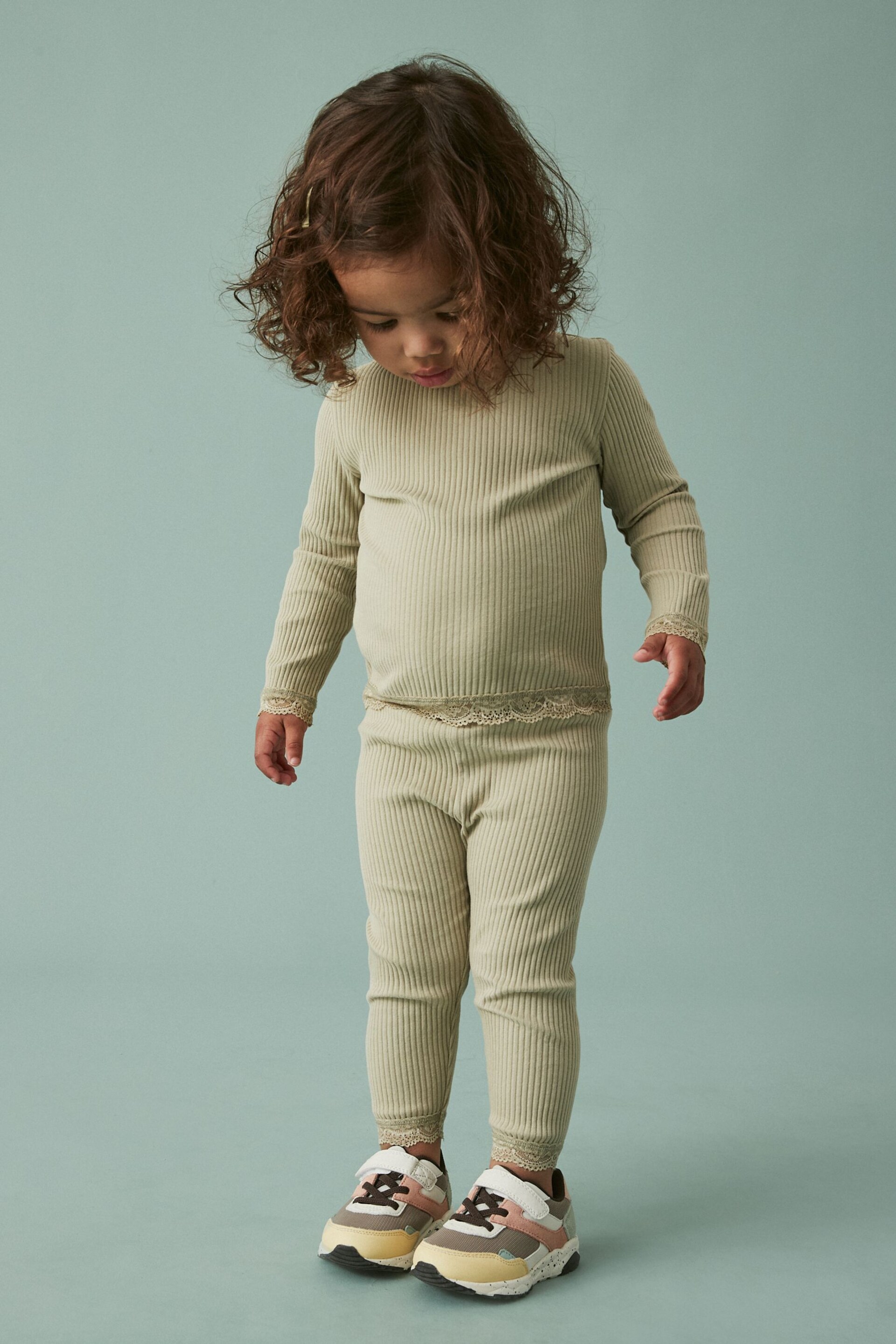 Green Ribbed Lace Trim Leggings (3mths-7yrs) - Image 1 of 5