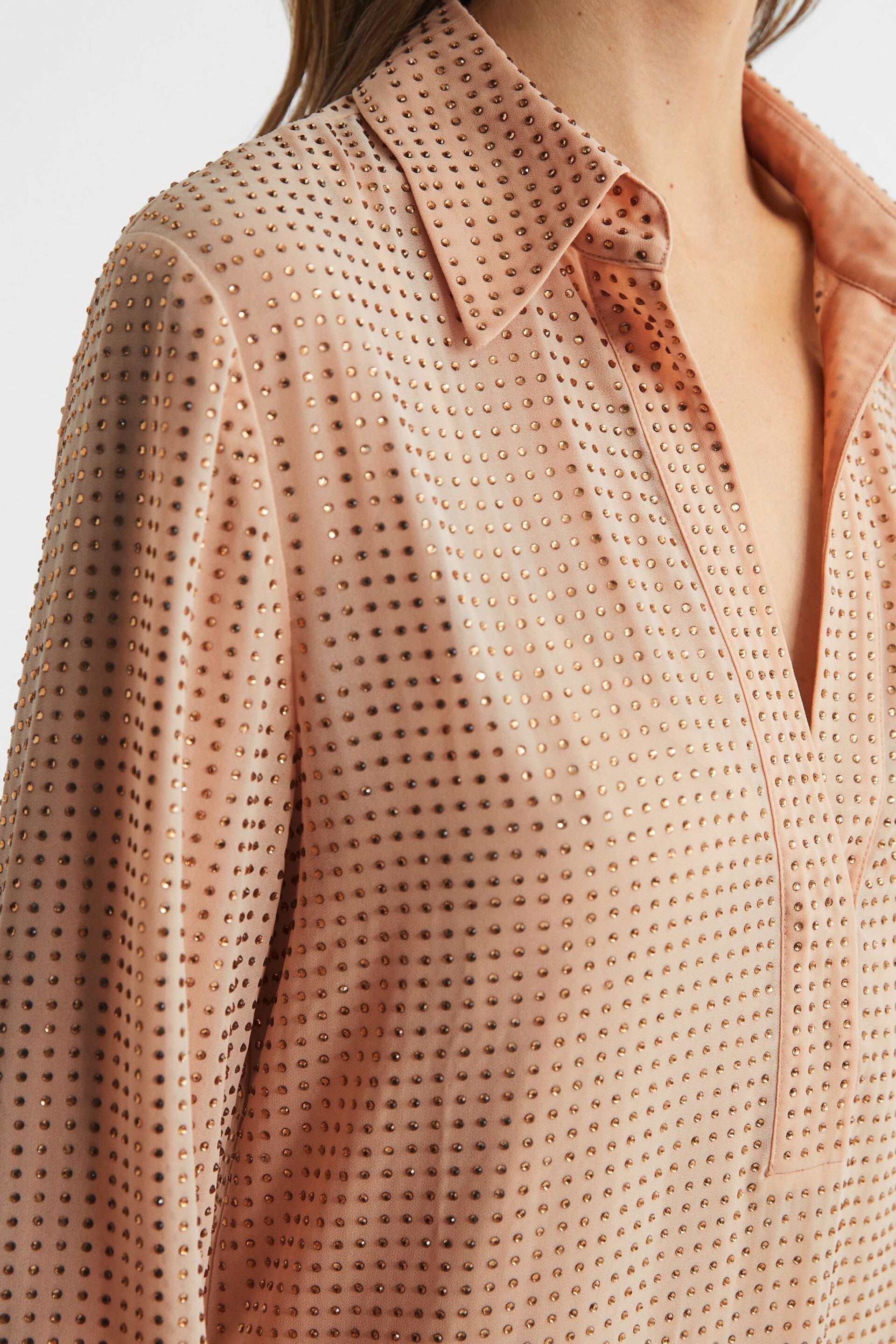 Reiss Nude Austin Embellished Mini Shirt Dress - Image 4 of 6