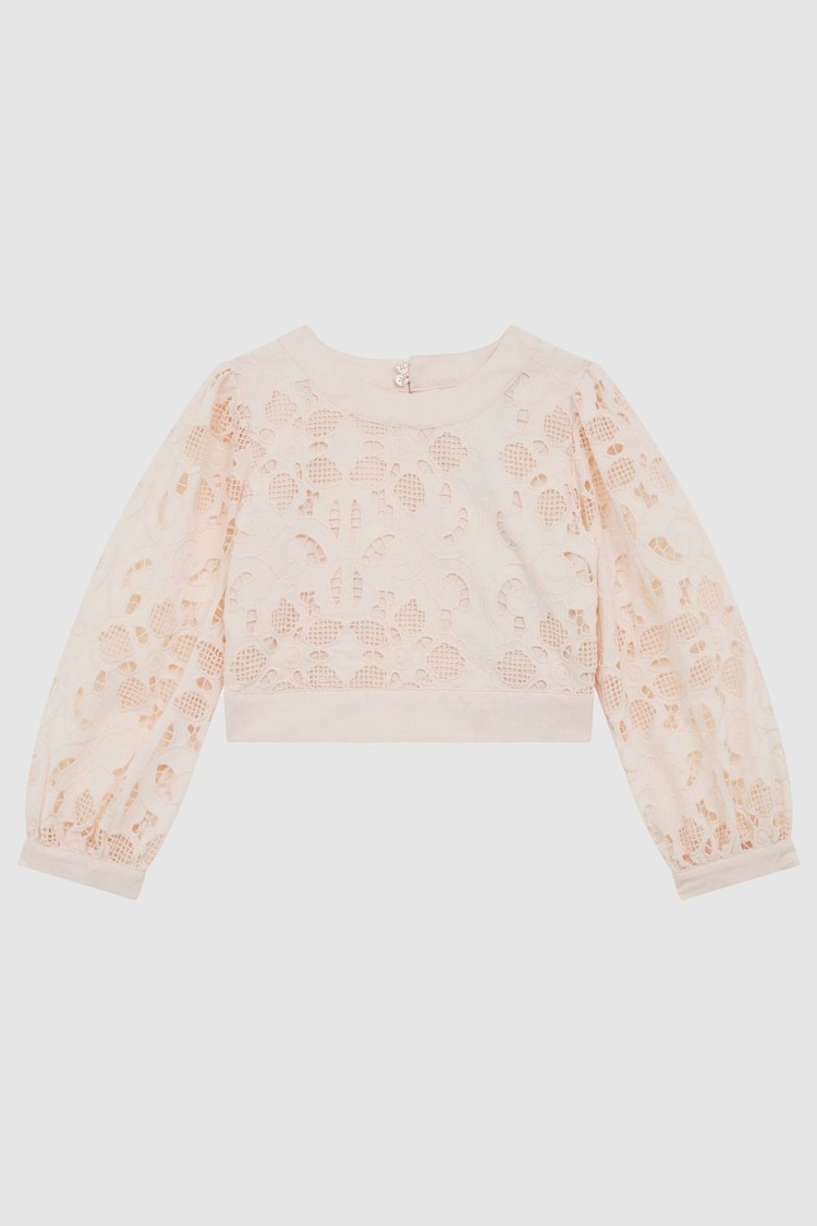 Reiss Pink Nella Senior Long Sleeve Lace Cropped Top - Image 2 of 7