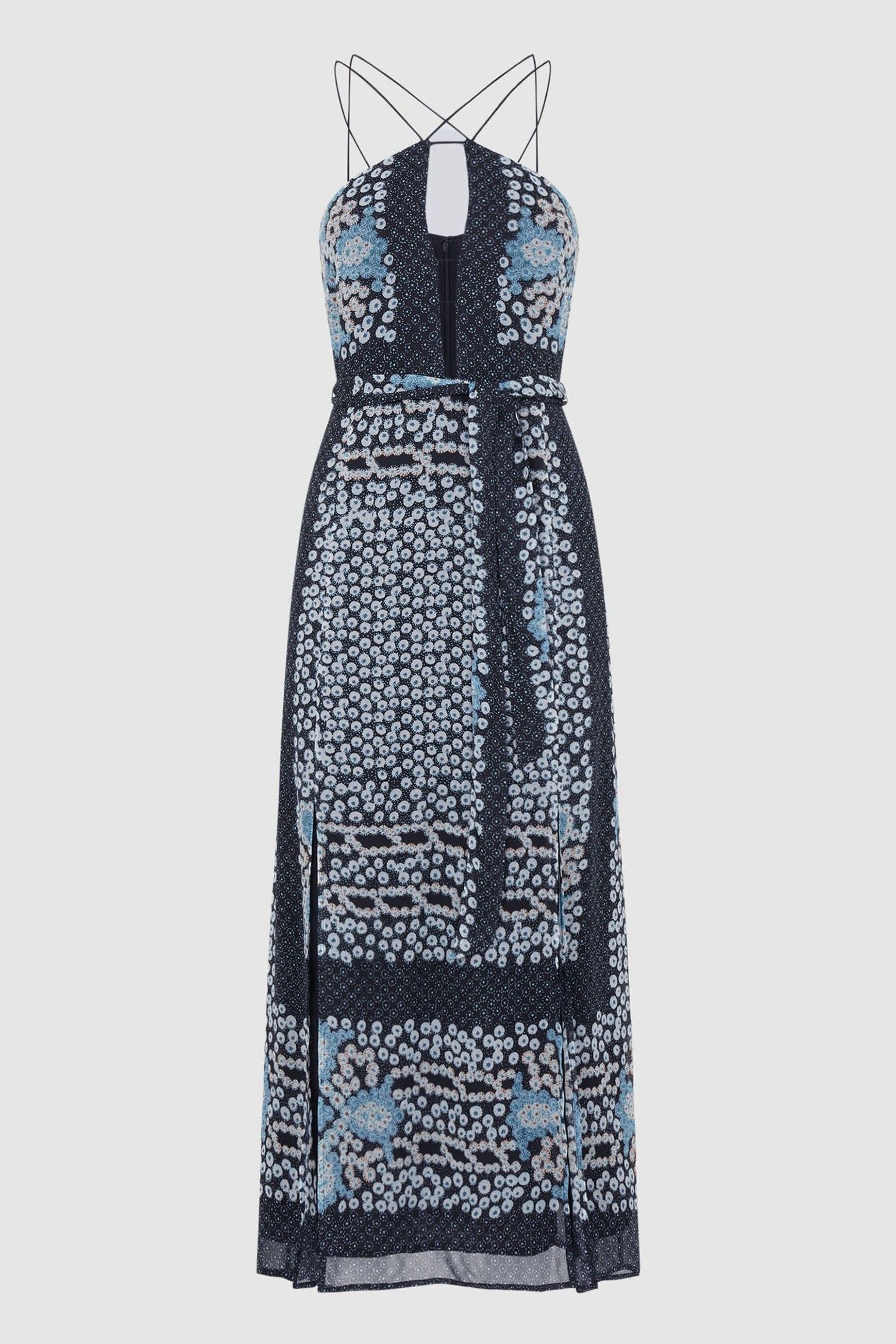 Reiss Navy Blue Aliana Floral Print Fitted Midi Dress