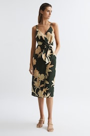 Reiss Khaki Alice Petite Fitted Floral Print Midi Dress - Image 1 of 6