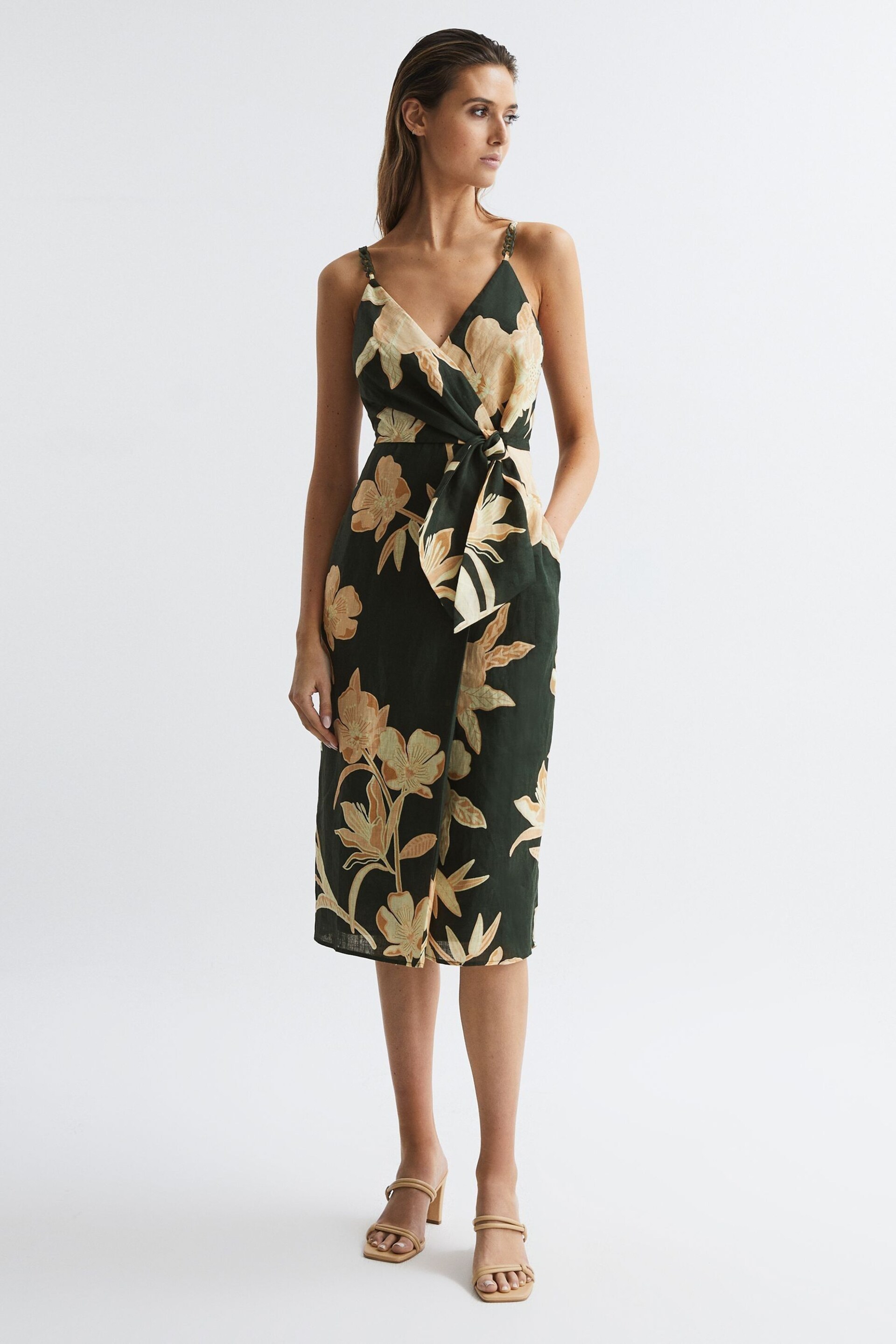 Reiss Khaki Alice Petite Fitted Floral Print Midi Dress - Image 1 of 6