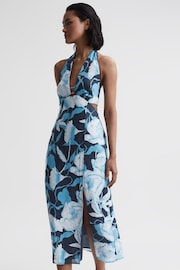 Reiss Navy/Blue Kaia Linen Halter Neck Midi Dress - Image 1 of 5