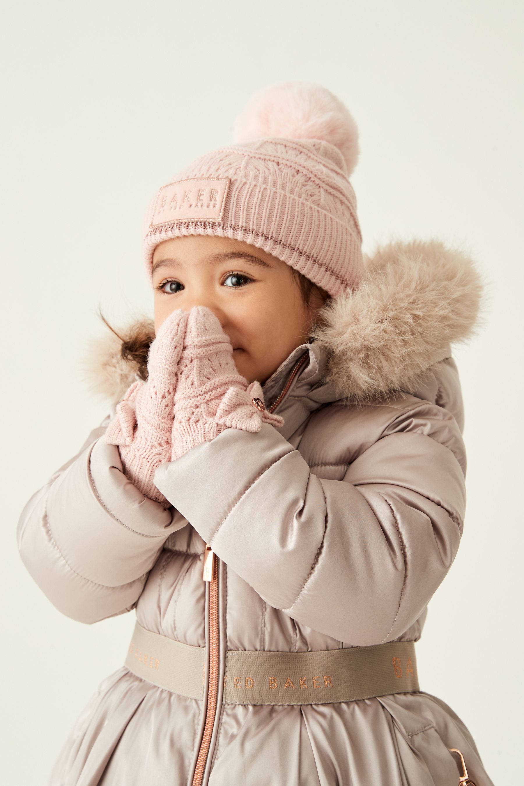 Buy Baker by Ted Baker Girls Pink Scallop Knitted Pom Hat and Mittens Set from Next Luxembourg