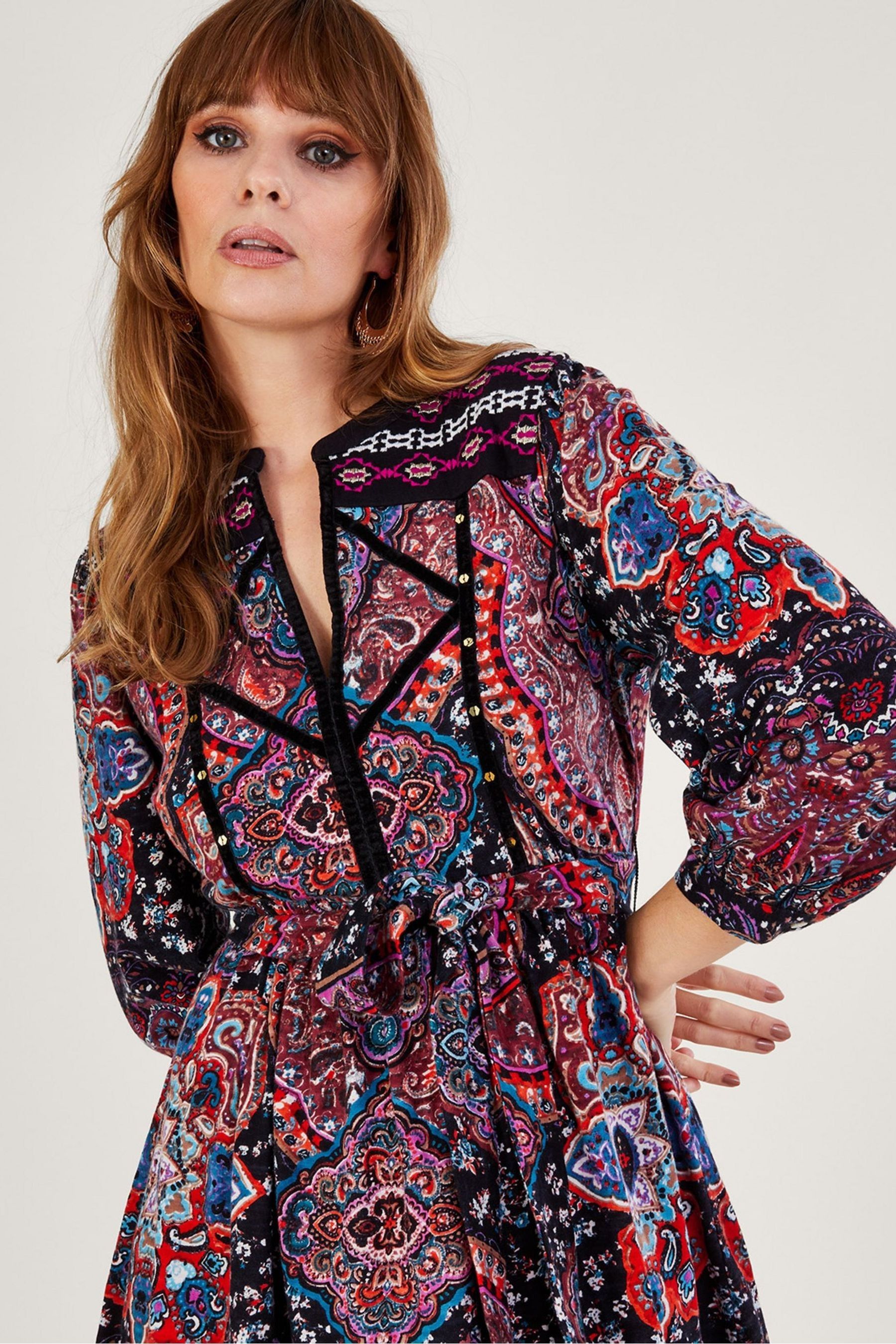 Buy Monsoon Blue Velvet Trim Printed Short Jersey Dress from Next Luxembourg