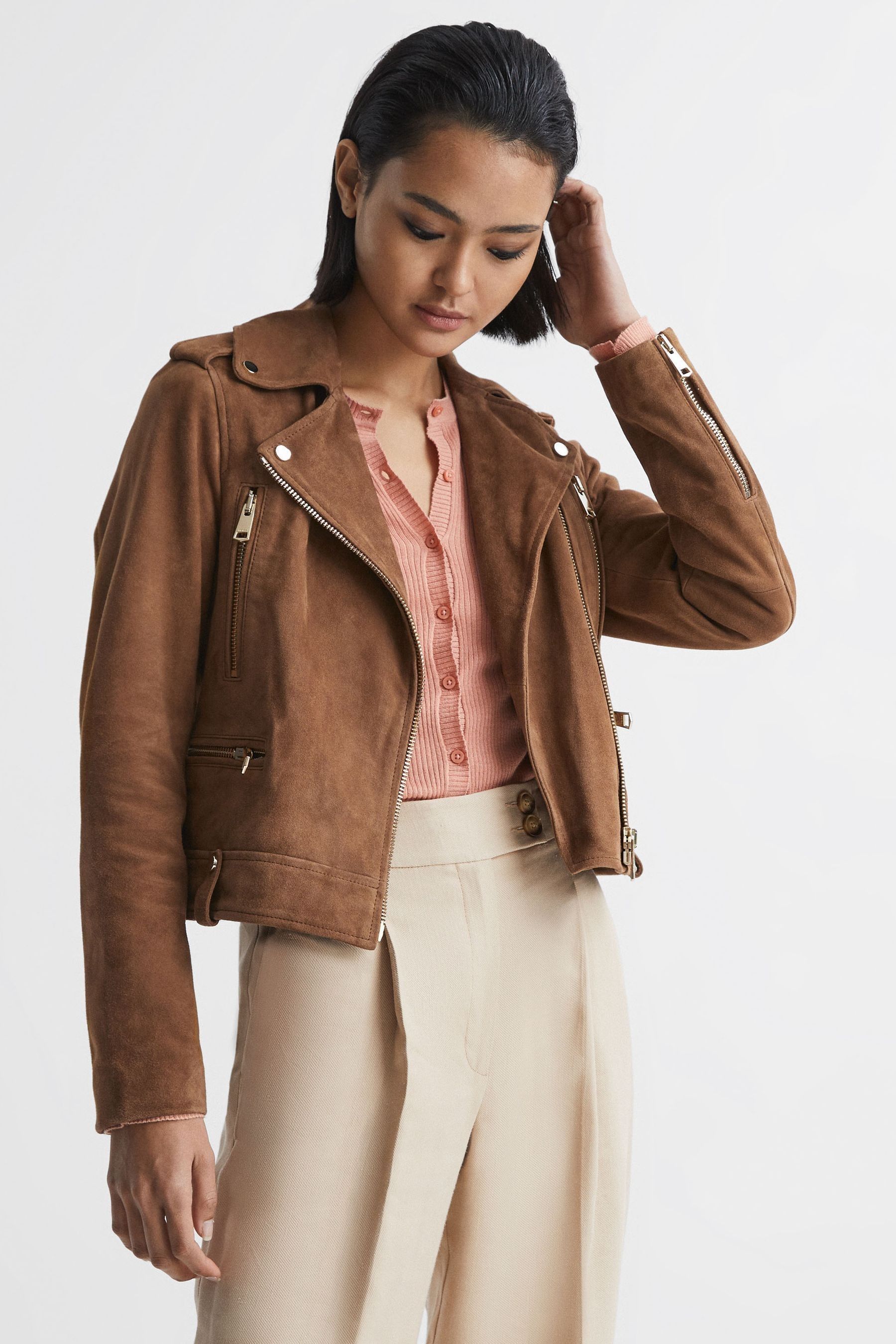 Suede biker jacket tan hotsell
