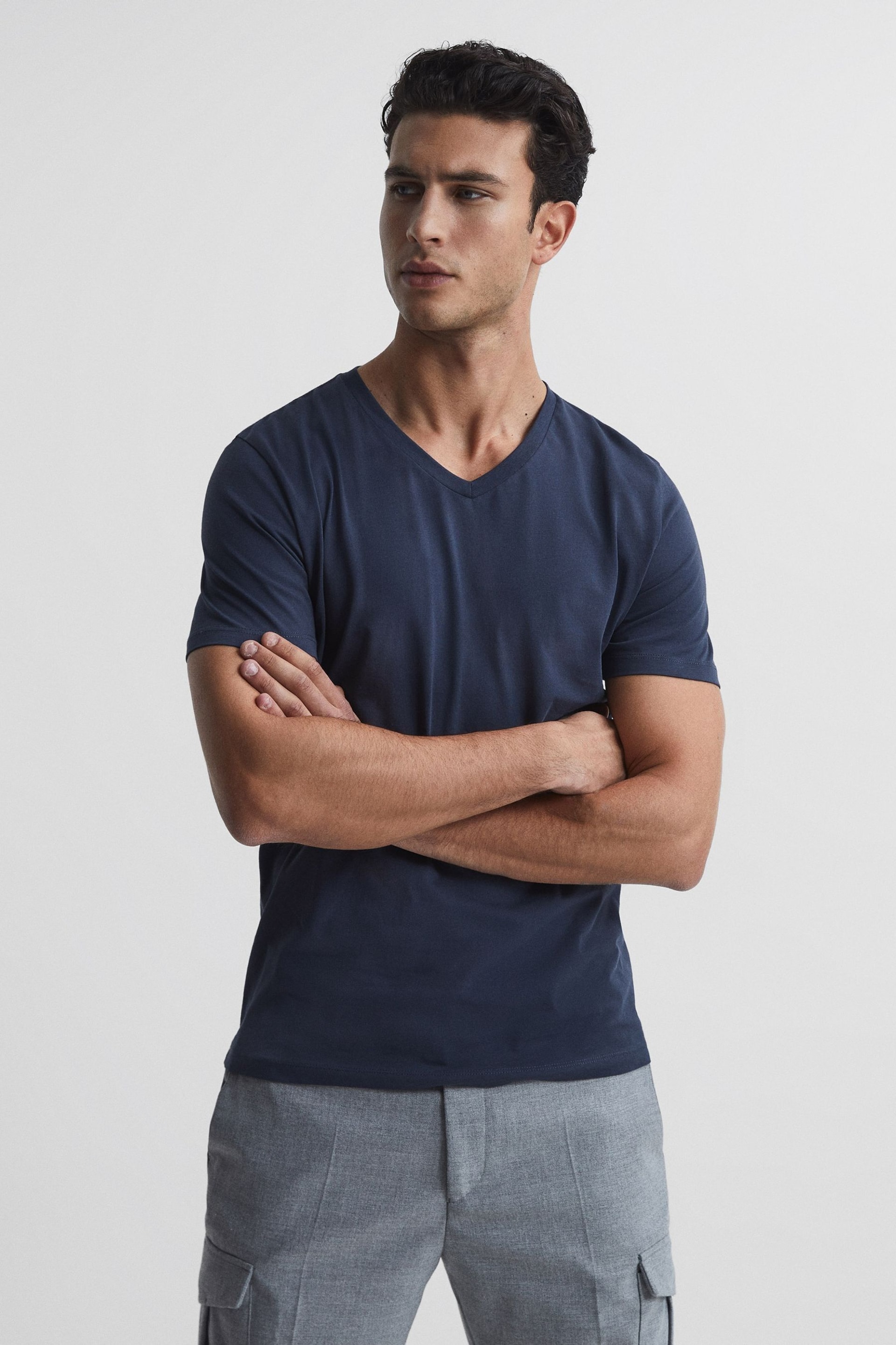 Reiss Airforce Blue Dayton Cotton V-Neck T-Shirt - Image 1 of 5