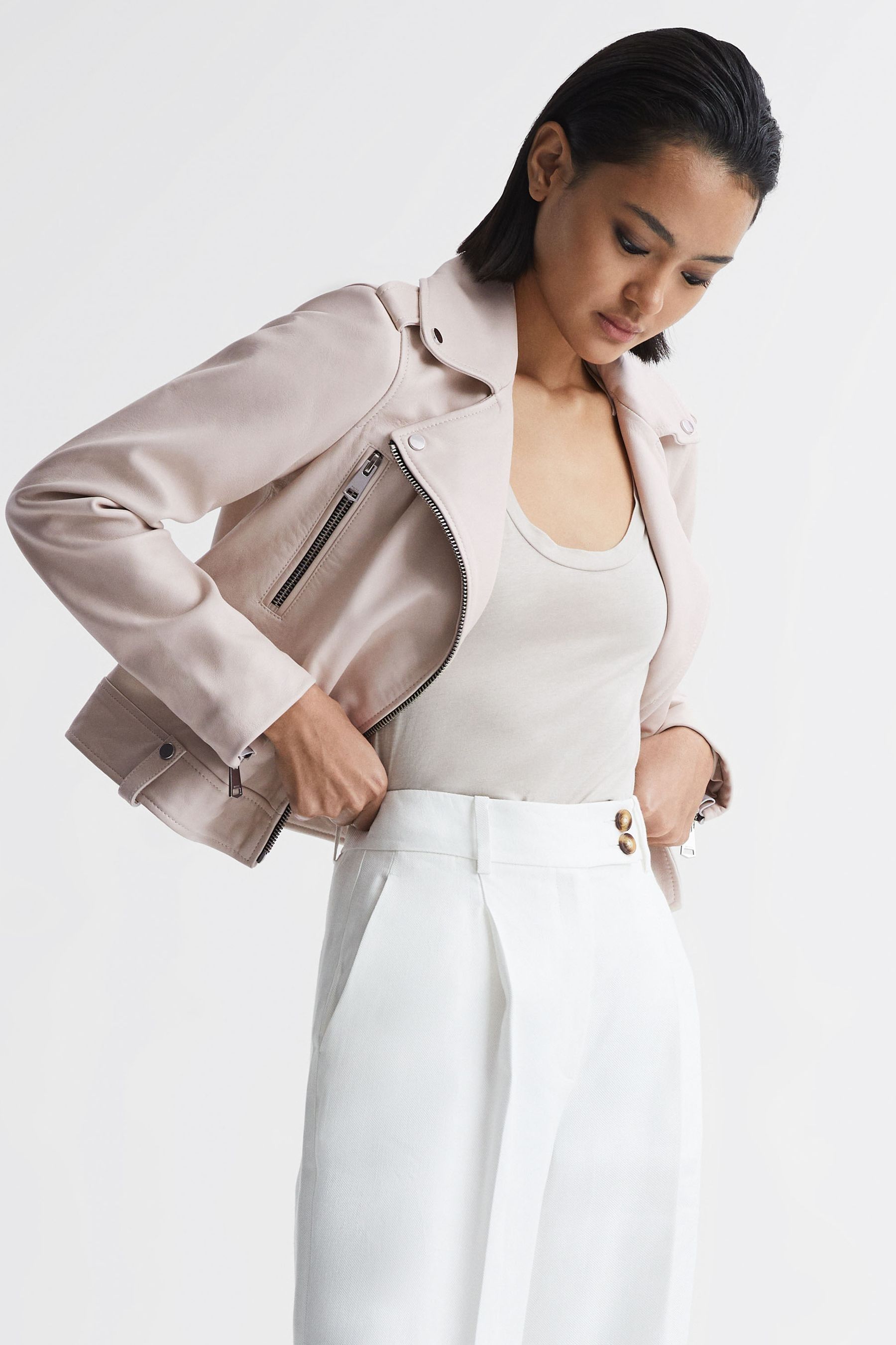 Buy Reiss Off White Santiago Leather Biker Jacket from Next Luxembourg