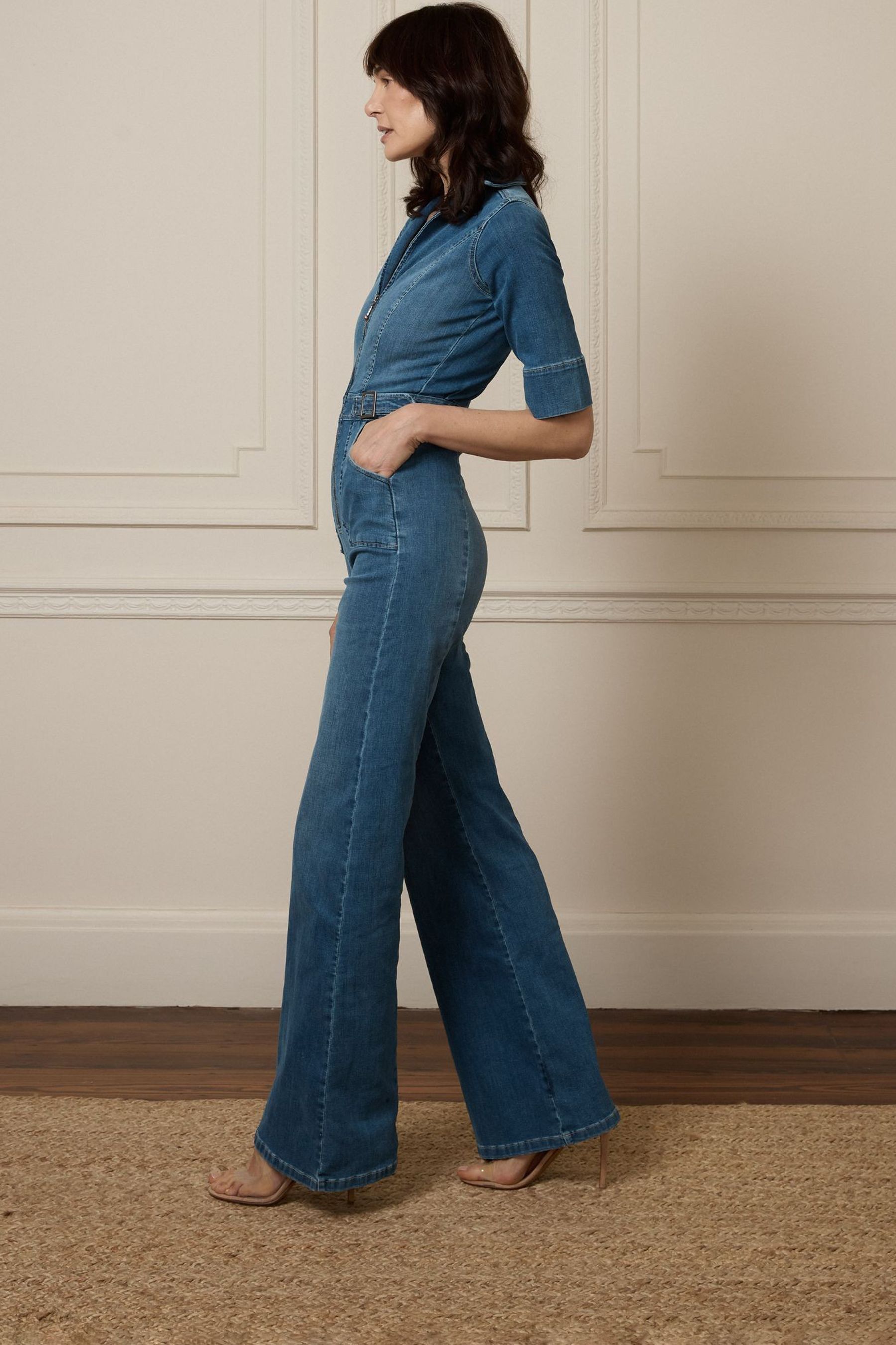 DONNA IDA Cassandra Blue Denim Flared Jumpsuit