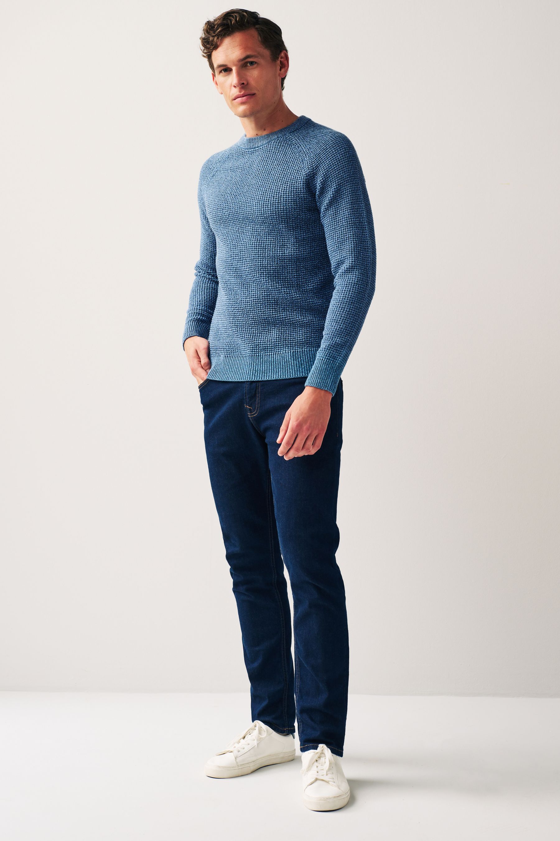Blue Regular Knitted Textured Jumper