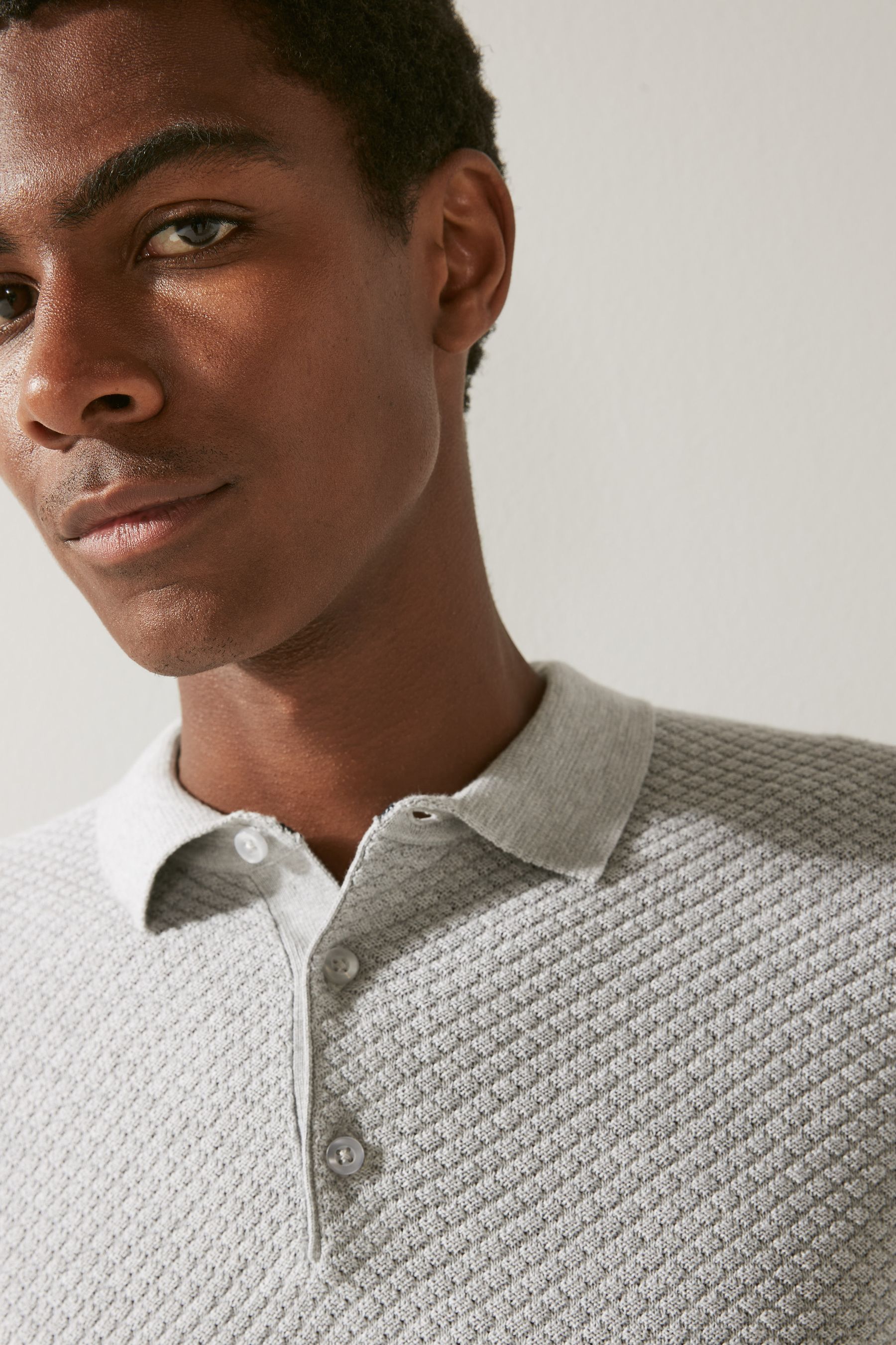 Buy Grey Textured Regular Long Sleeve Knit Polo Shirt from Next Luxembourg