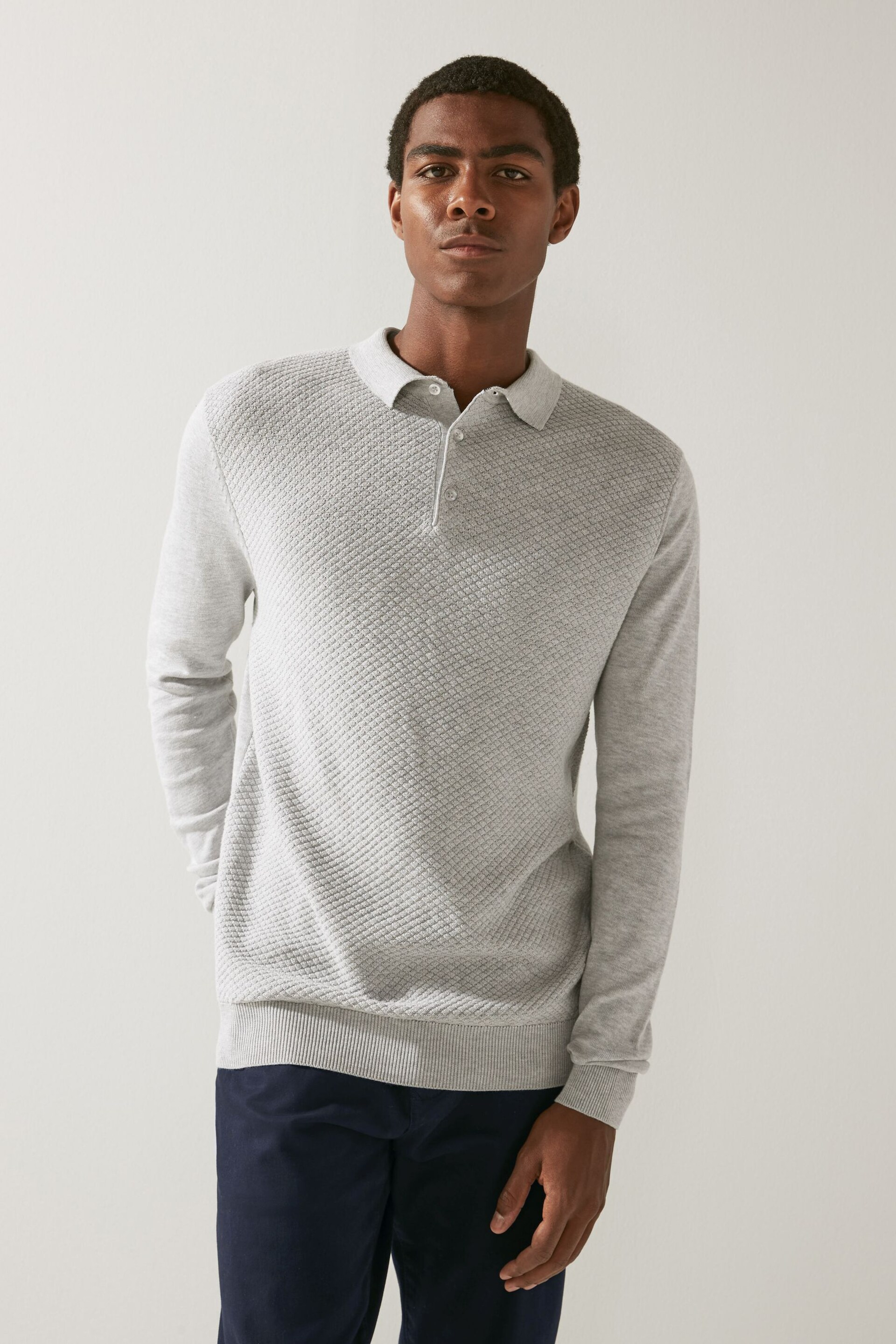 Grey Textured Regular Long Sleeve Knit Polo Shirt - Image 3 of 5