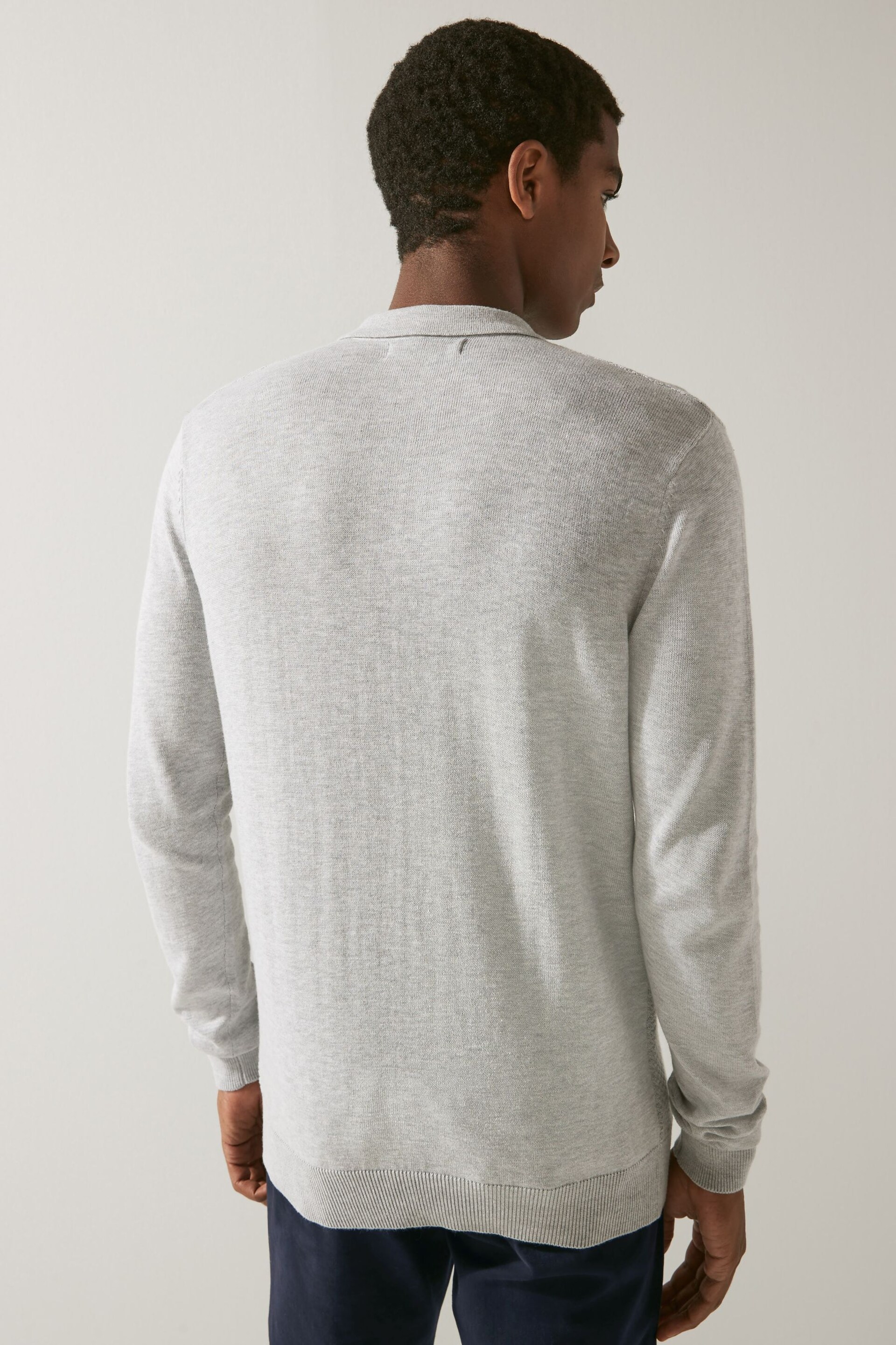 Grey Textured Regular Long Sleeve Knit Polo Shirt - Image 4 of 5