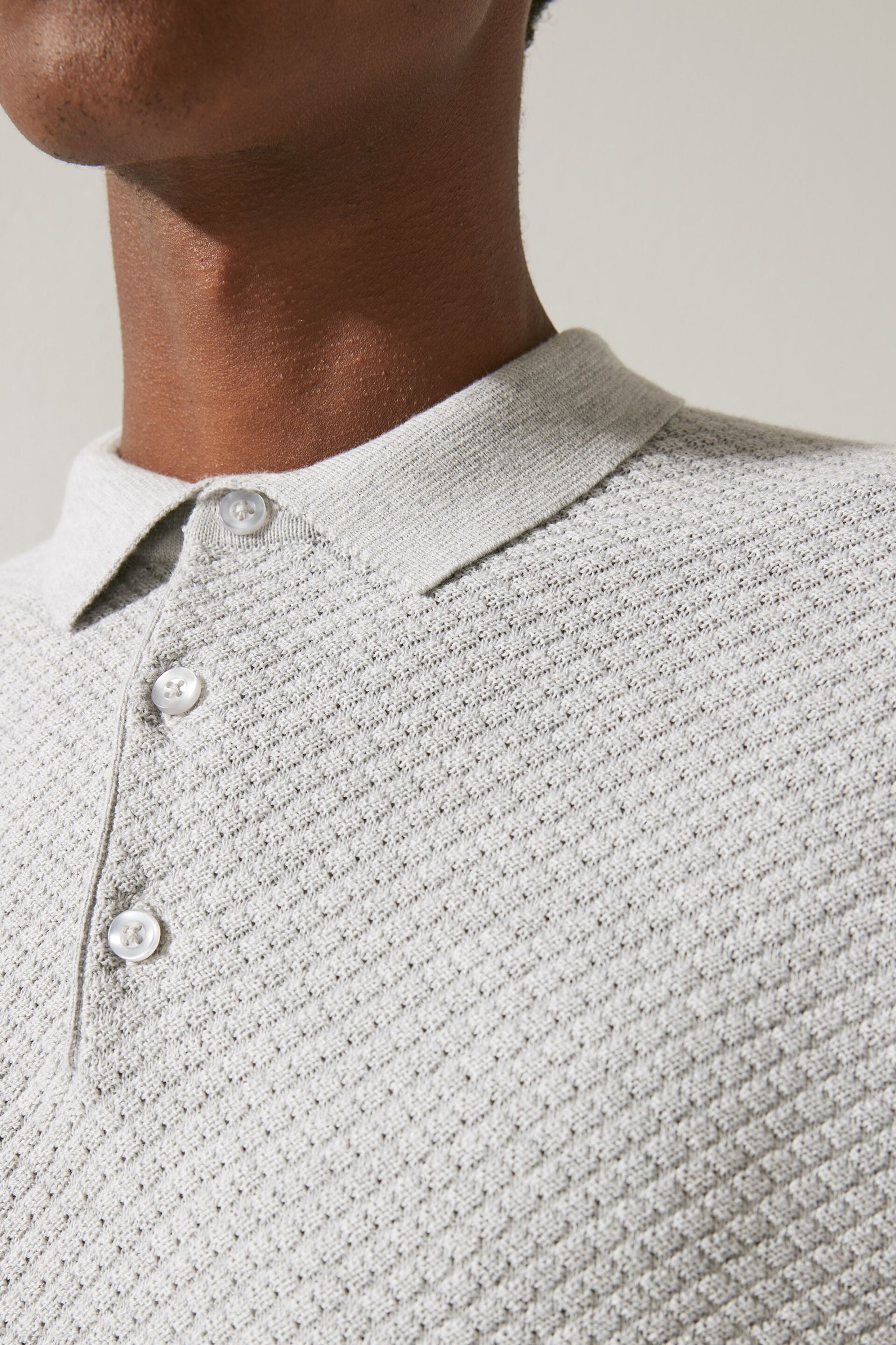 Grey Textured Regular Long Sleeve Knit Polo Shirt - Image 5 of 5