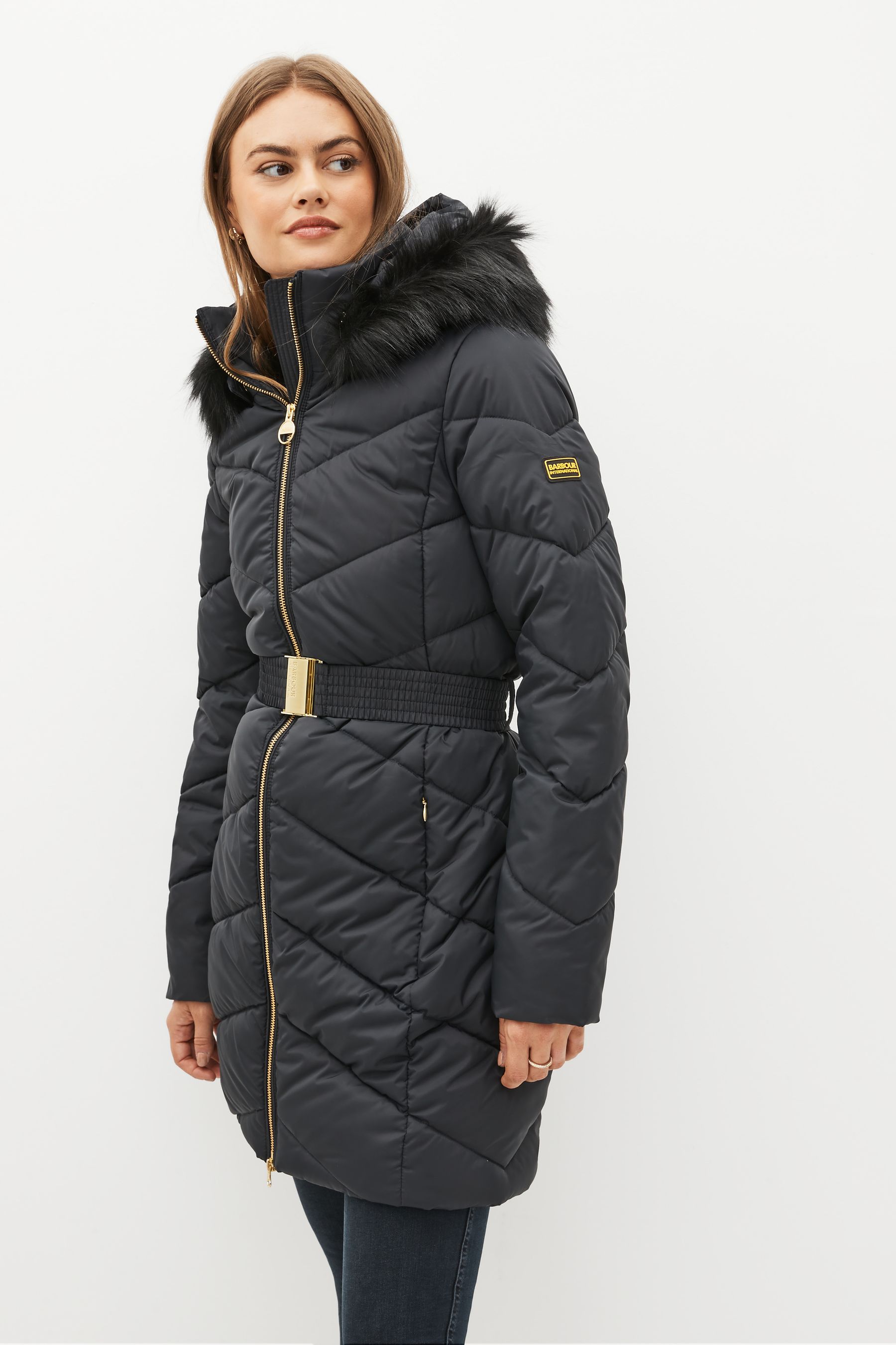 Barbour International Eastmoor Quilted Faux Fur Trim Black Jacket