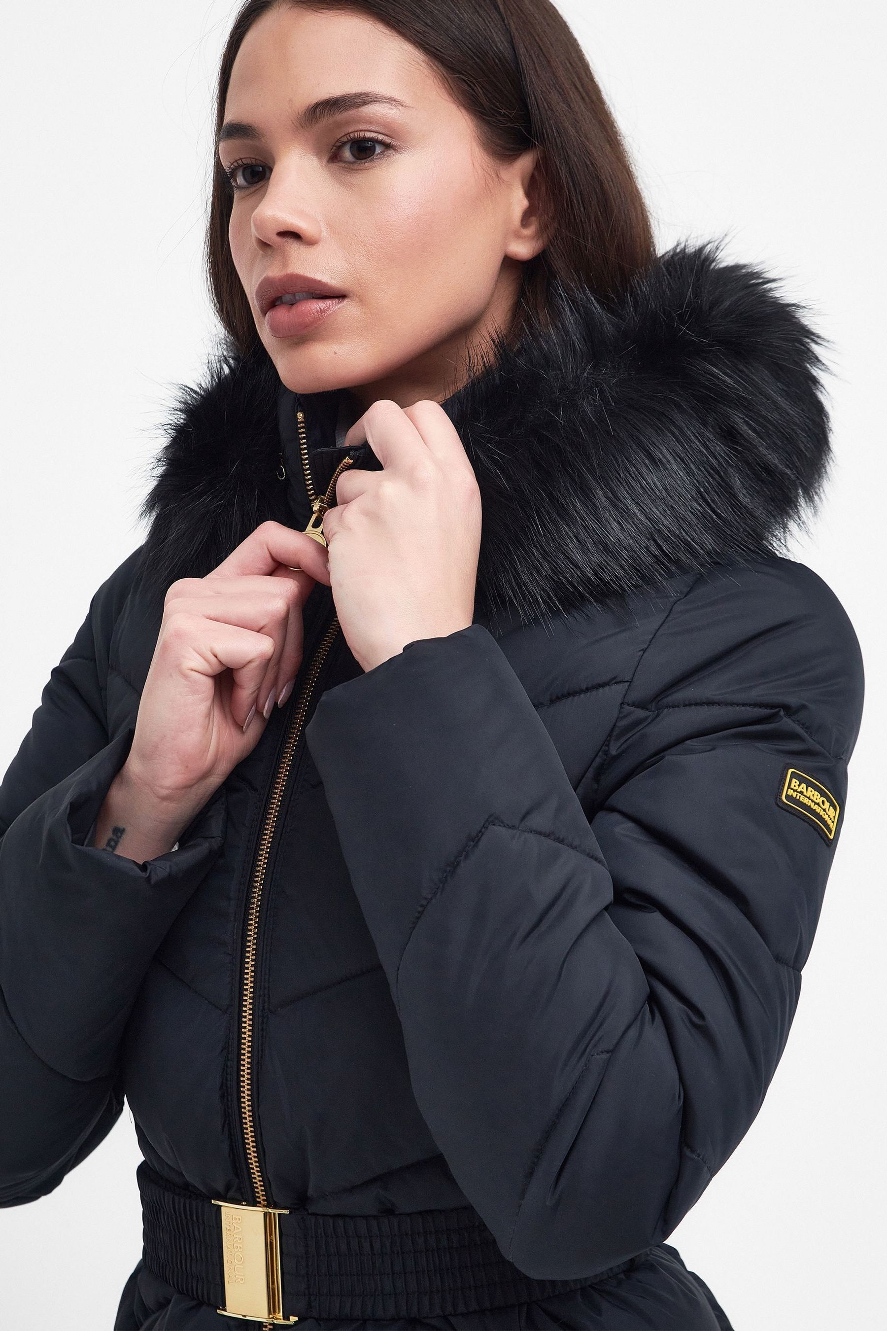 Barbour international faux fur lined parka with faux fur trim hood sale