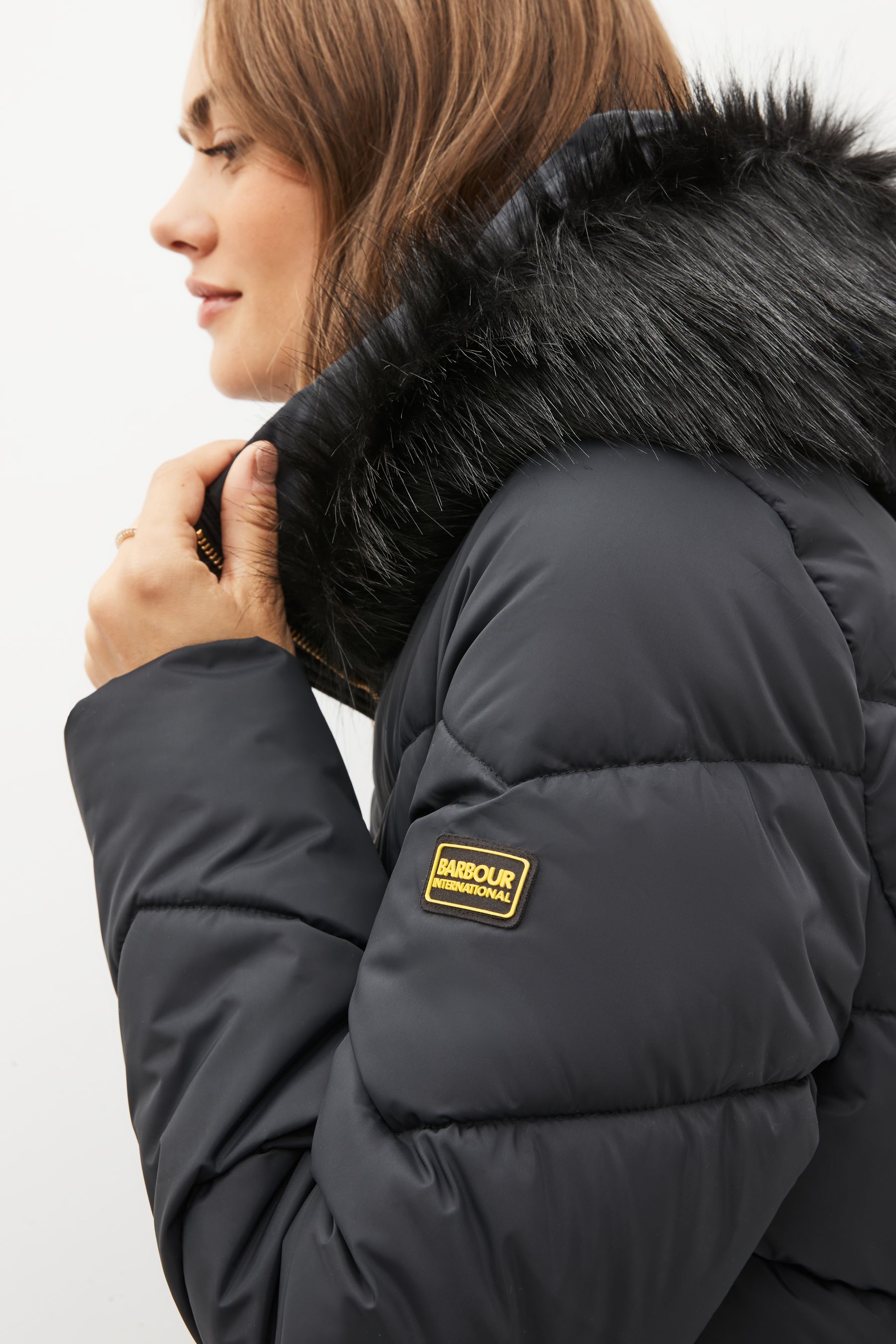 Barbour international faux fur lined parka with faux fur trim hood store