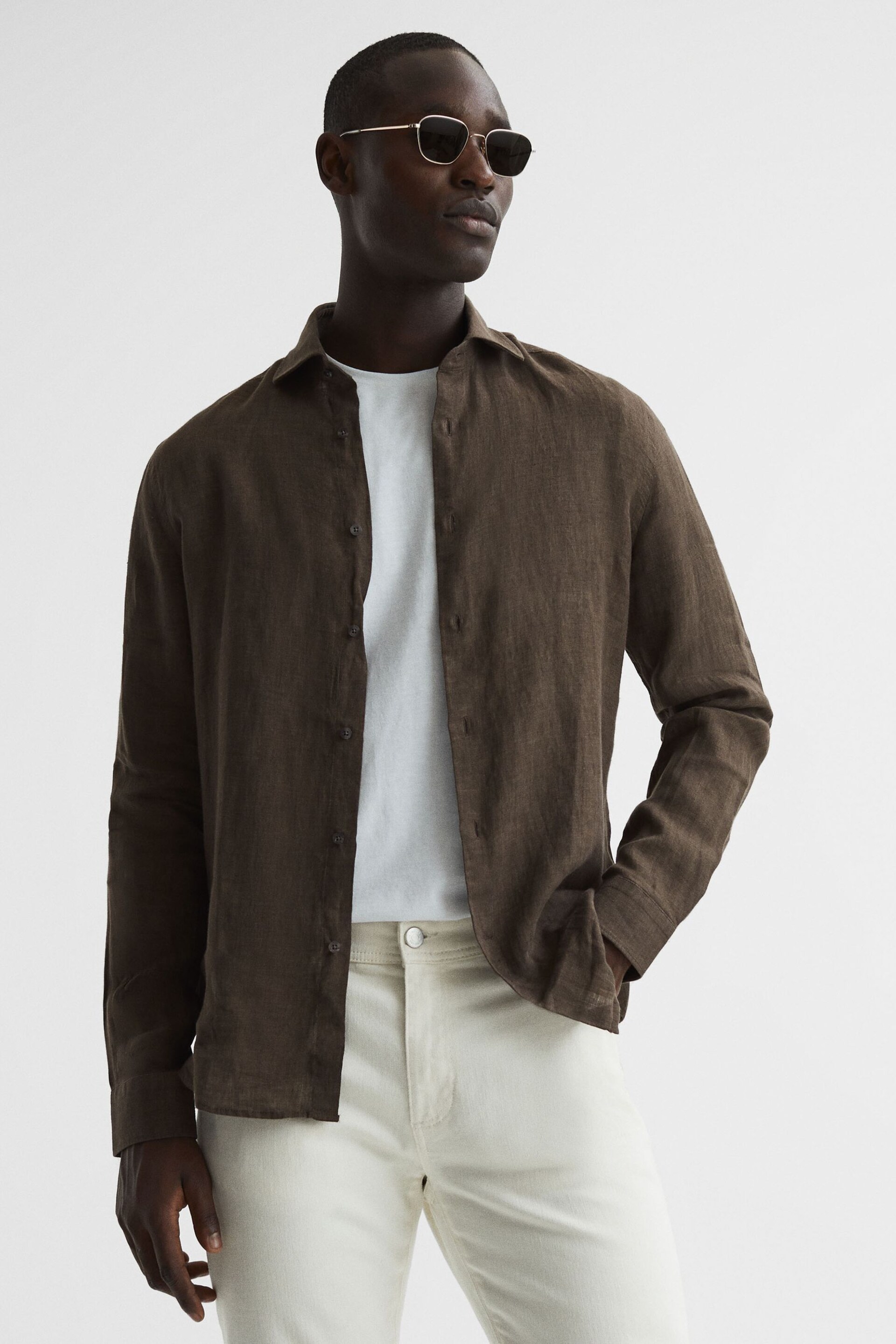 Reiss Bitter Chocolate Ruban Linen Button-Through Shirt - Image 1 of 6