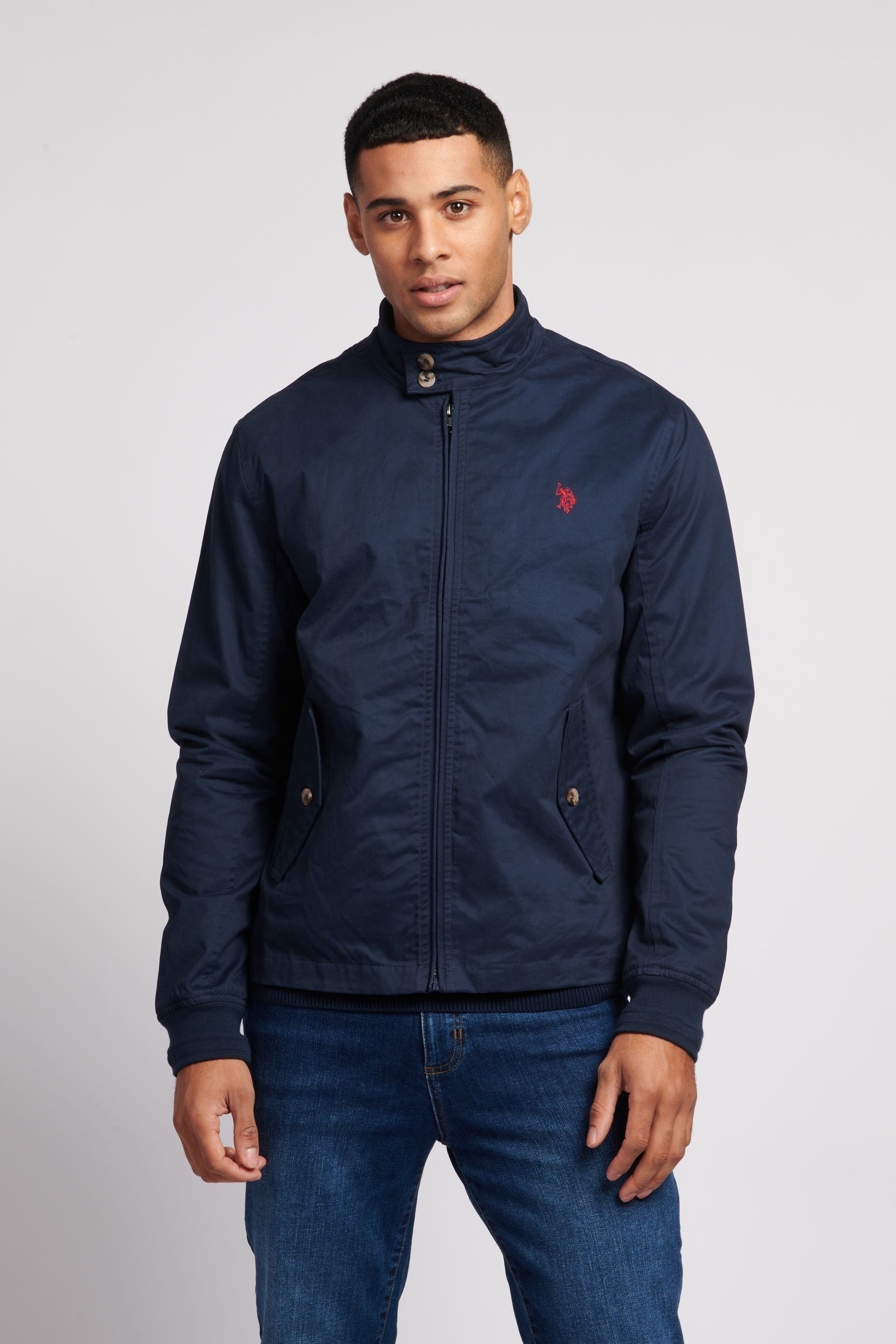 U.S. Polo Assn. Mens Blue Cotton Twill Harrington Jacket