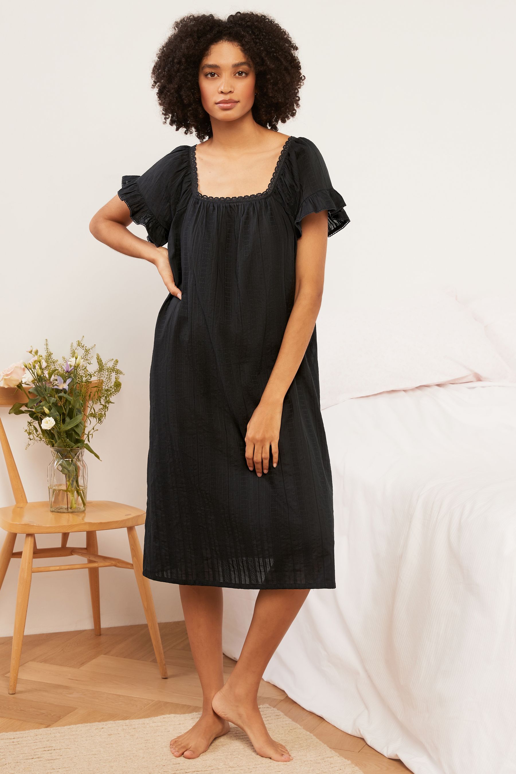 Buy Black Square Neck Ruffle Cotton 100 Cotton Nightie Slip from the Next UK online shop