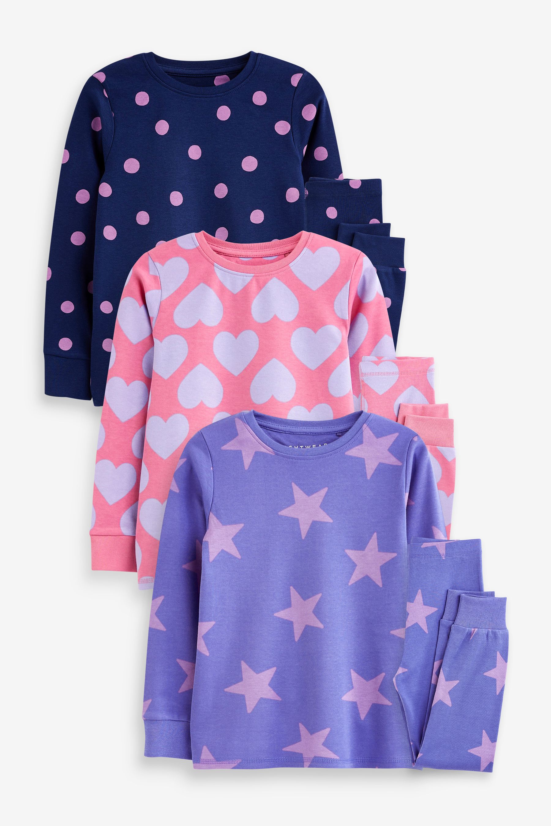 Buy Pink Purple Heart Spot And Star Pyjamas 3 Pack 9mths 12yrs from Next Luxembourg